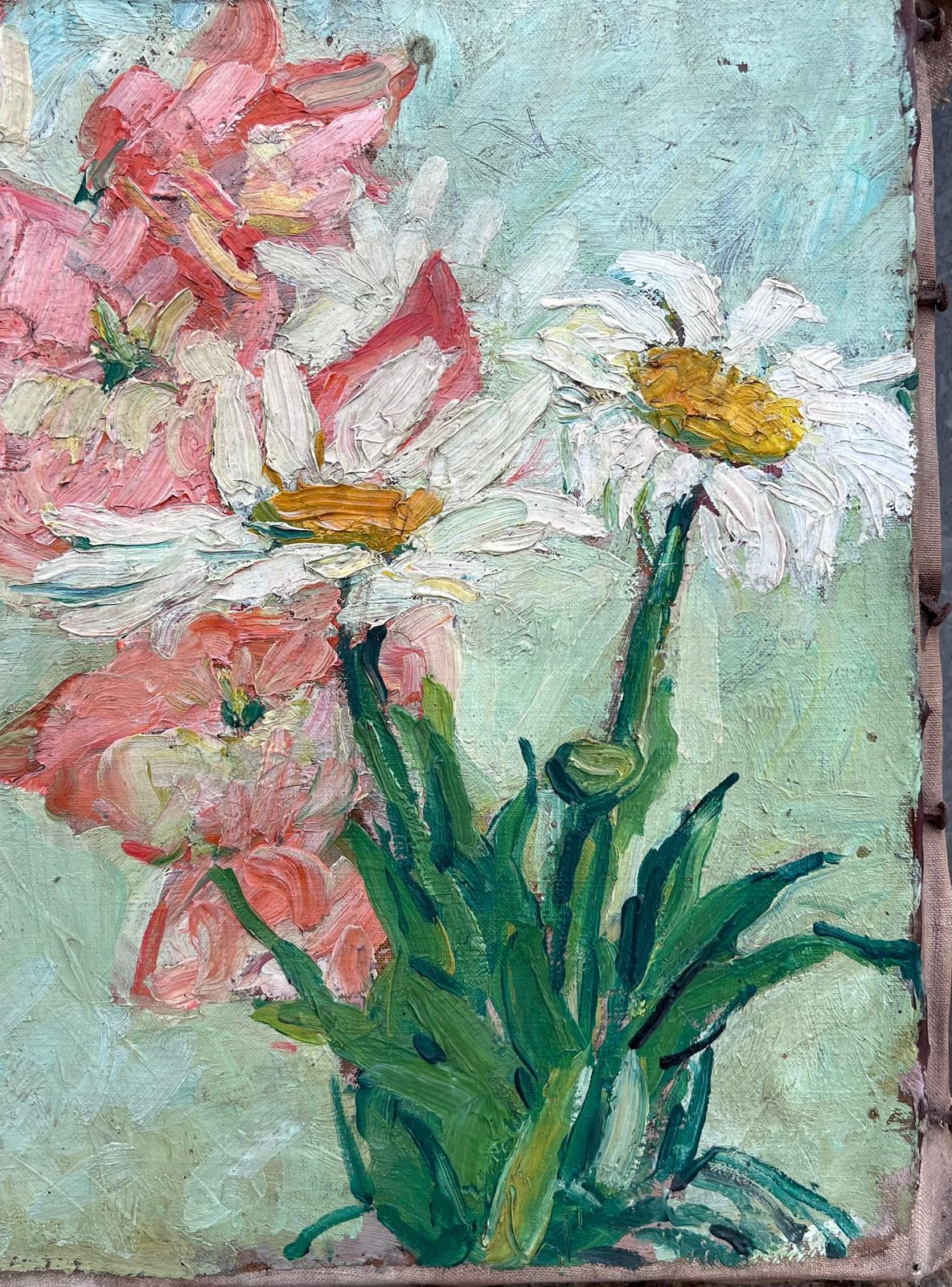 Suzanne Dinkesdaisies & Pink Flowers In Green Room Interior French Mid Century Painting1950's photo 585.0