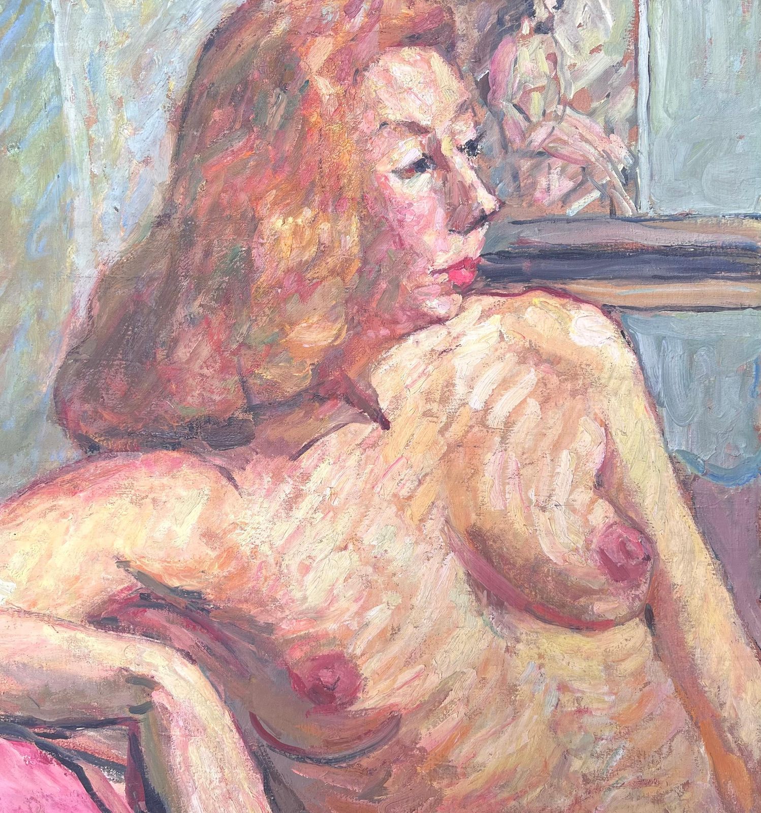 Suzanne Dinkesportrait Of A Posed Nude Lady On A Pink Sofa Mid Century French Painting1950's photo Art