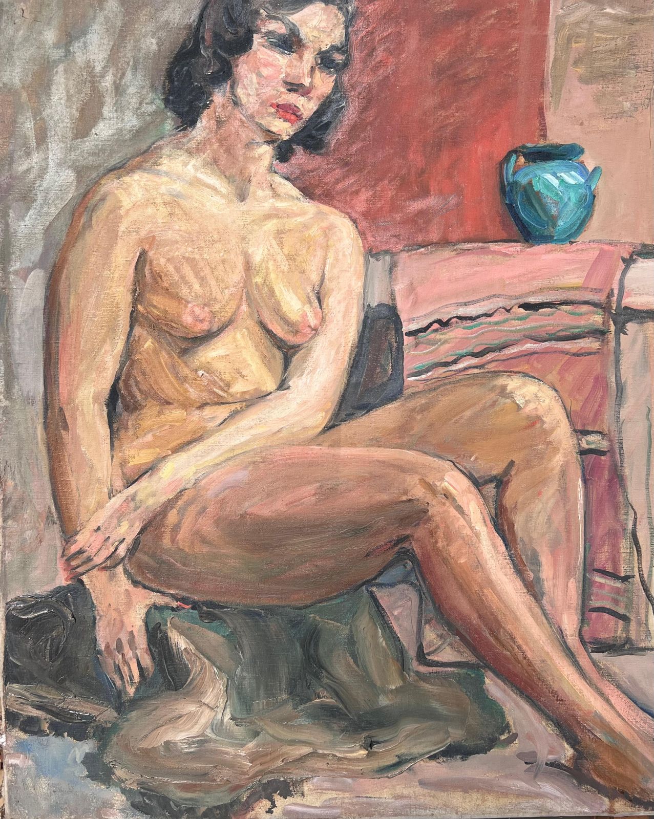 Suzanne Dinkesnude Lady Posed On Stall With A Blue Terracotta Pot French Mid Century Painting1950's photo furniture
