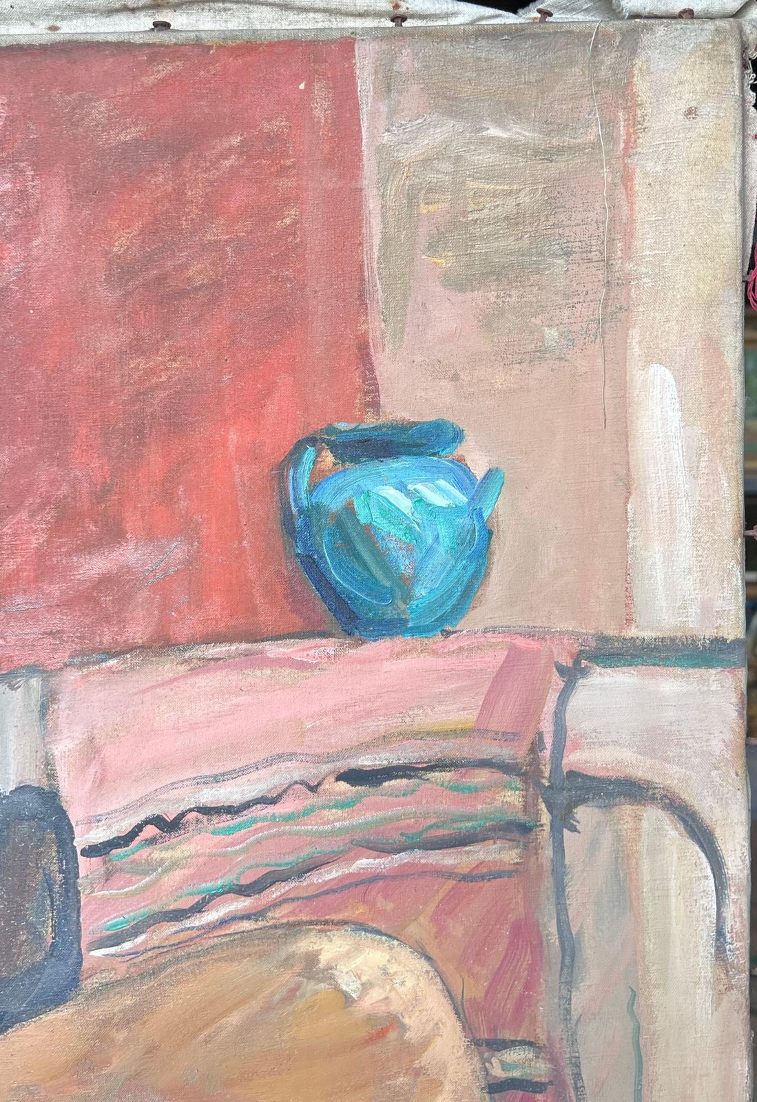 Suzanne Dinkesnude Lady Posed On Stall With A Blue Terracotta Pot French Mid Century Painting1950's photo 697.0
