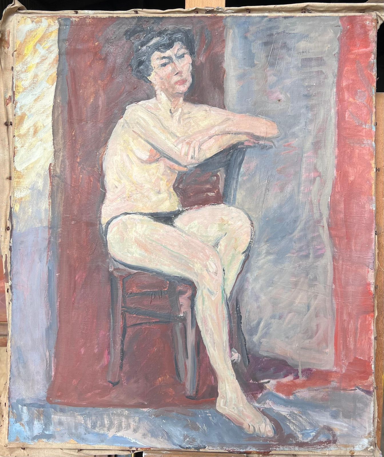 Suzanne Dinkesportrait Of A Nude Lady Posed On Chair Down French Mid Century Painting1950's photo furniture