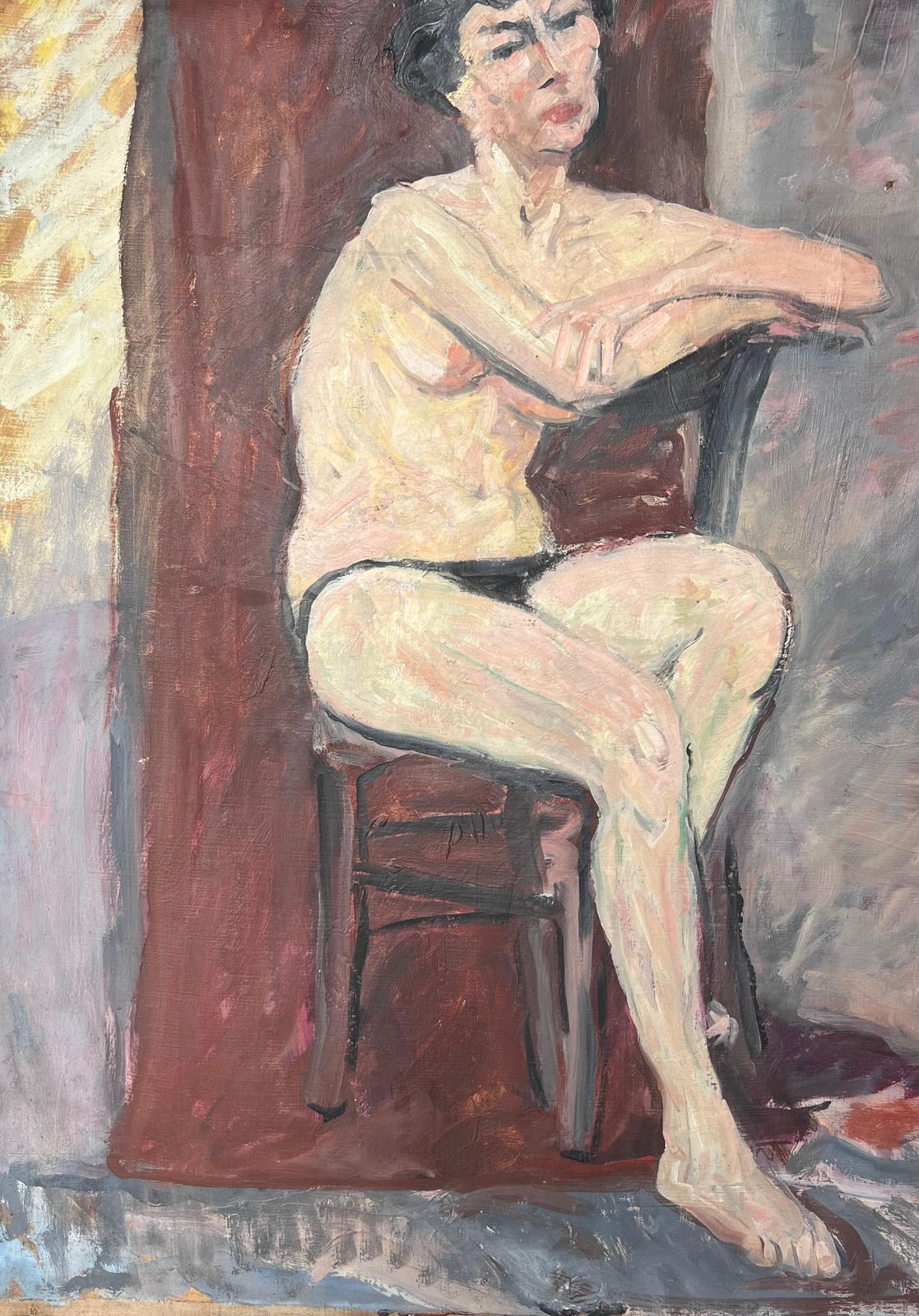 Suzanne Dinkesportrait Of A Nude Lady Posed On Chair Down French Mid Century Painting1950's photo Art