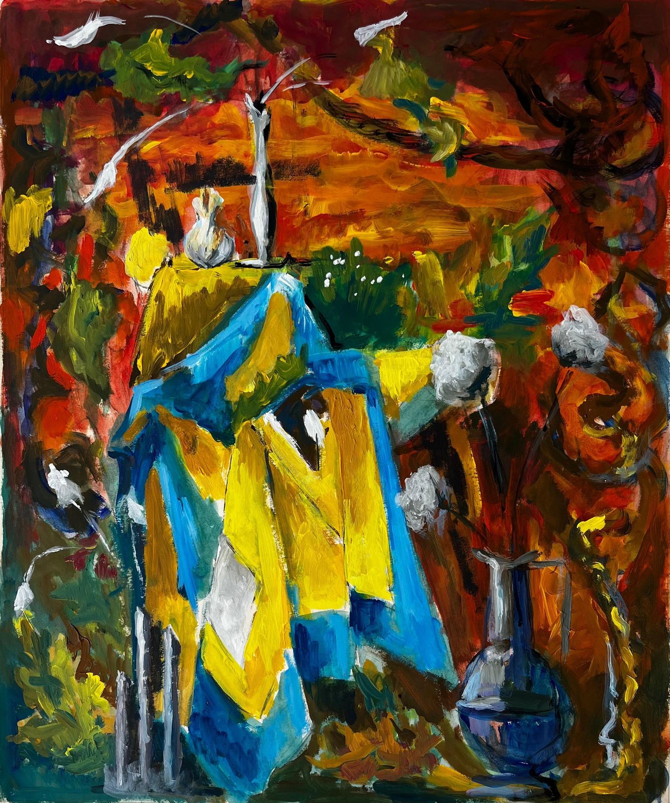 Guy Nicod French Modernist Still Life With Blue And Yellow Drapes And Autumn Background