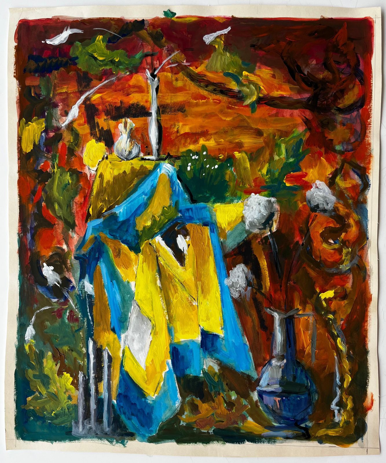 Guy Nicod French Modernist Still Life With Blue And Yellow Drapes And Autumn Background photo furniture