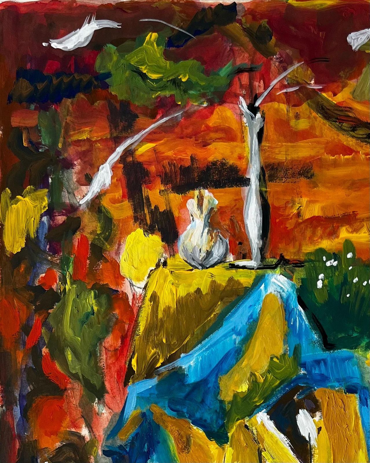 Guy Nicod French Modernist Still Life With Blue And Yellow Drapes And Autumn Background photo for sale