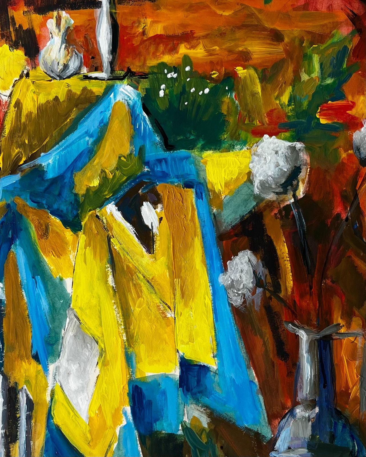 Guy Nicod French Modernist Still Life With Blue And Yellow Drapes And Autumn Background photo buy
