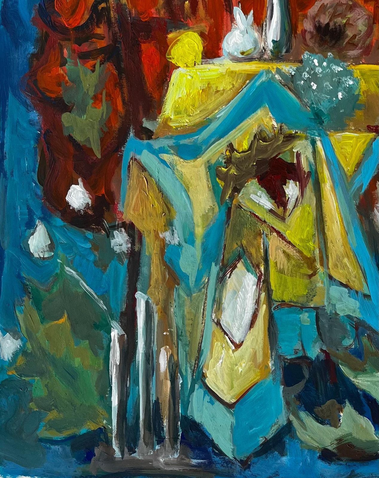 Guy Nicodfrench Modernist Still Life With Blue And Yellow Drapes And Red Background photo for sale