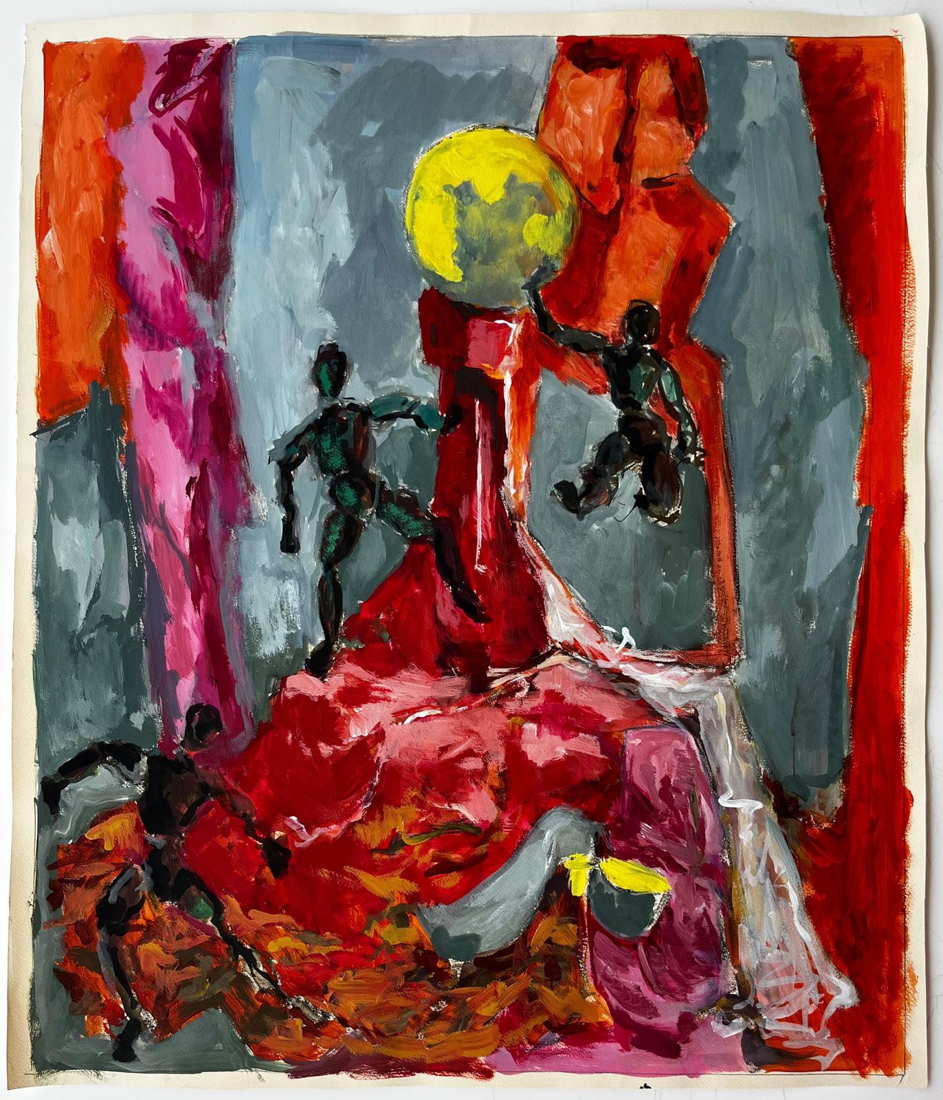 Guy Nicodstill Life With Wooden Mannequins Red Sculpture And Yellow Sphere French Gouache photo furniture