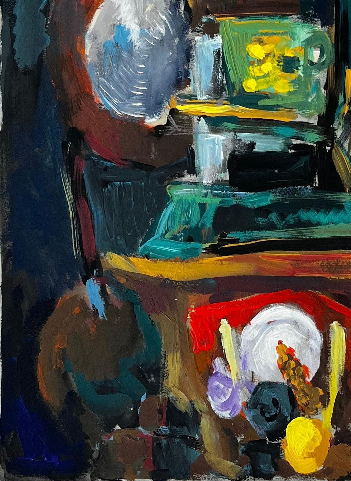 Guy Nicodstill Life With Lamp Cups And Flowers French Modernist Gouache photo vinterior