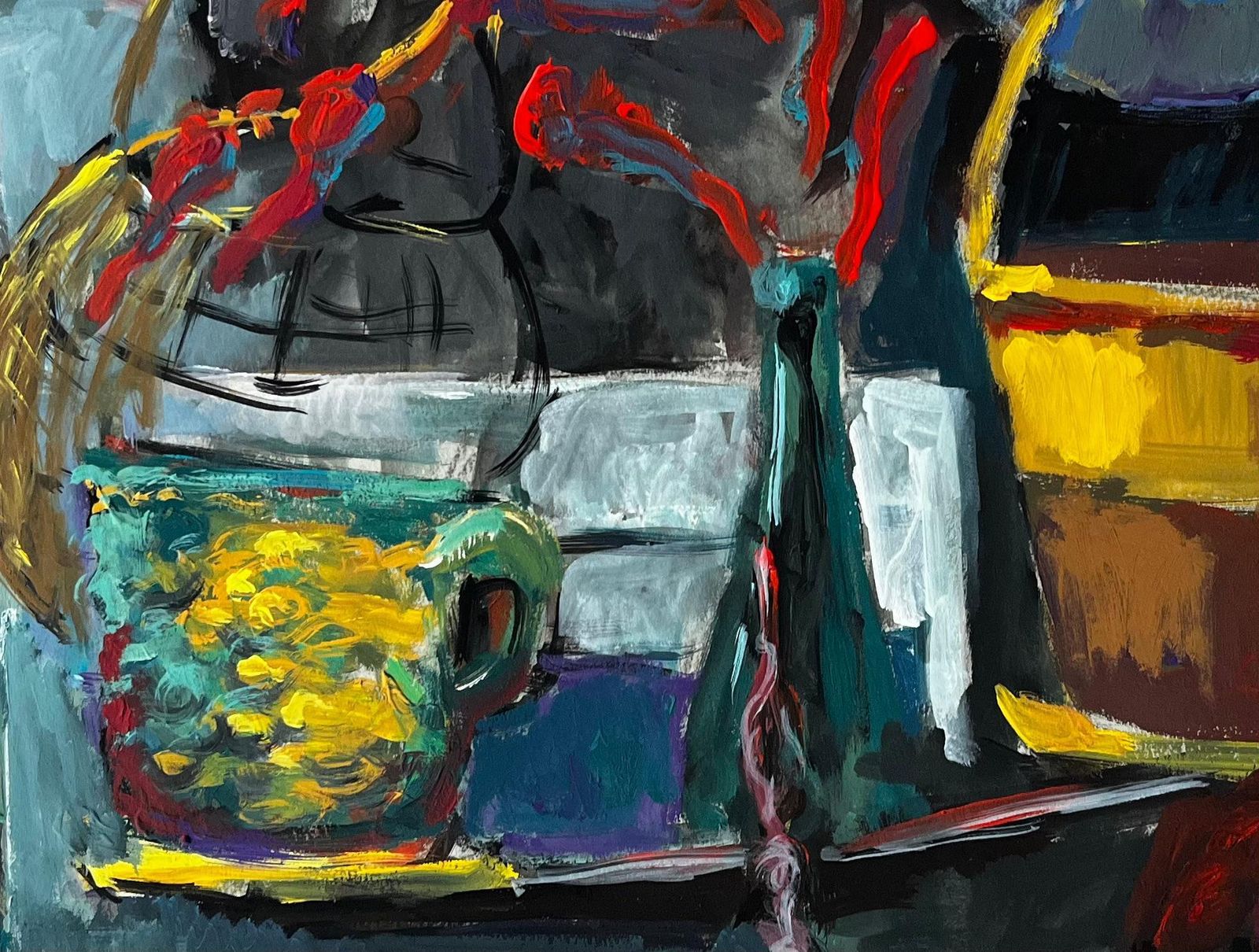 Guy Nicodstill Life With Yellow Cup Basket And Red Flowers French Modernist Gouache photo buy