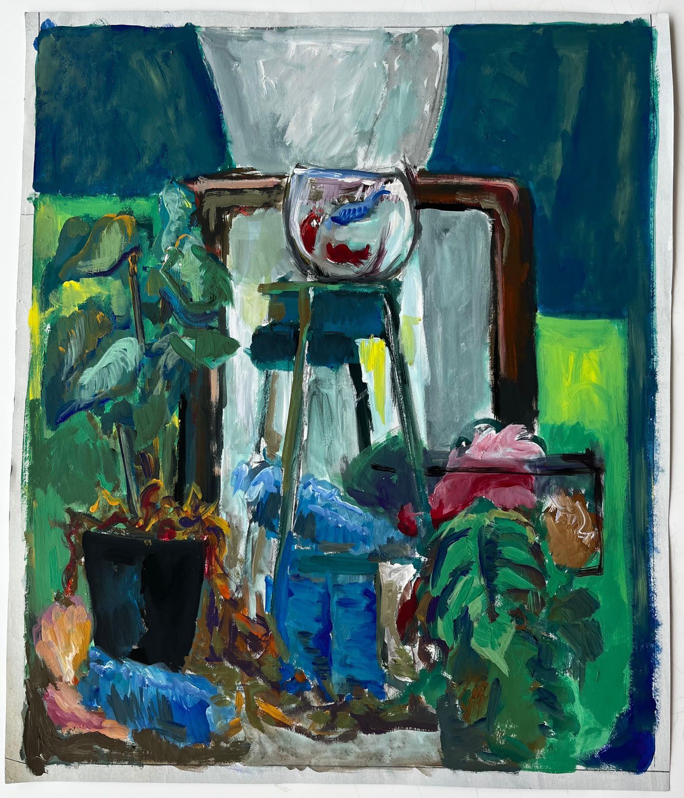 Guy Nicodinterior Still Life With Fish Bowl And Houseplants French Modernist Gouache photo furniture