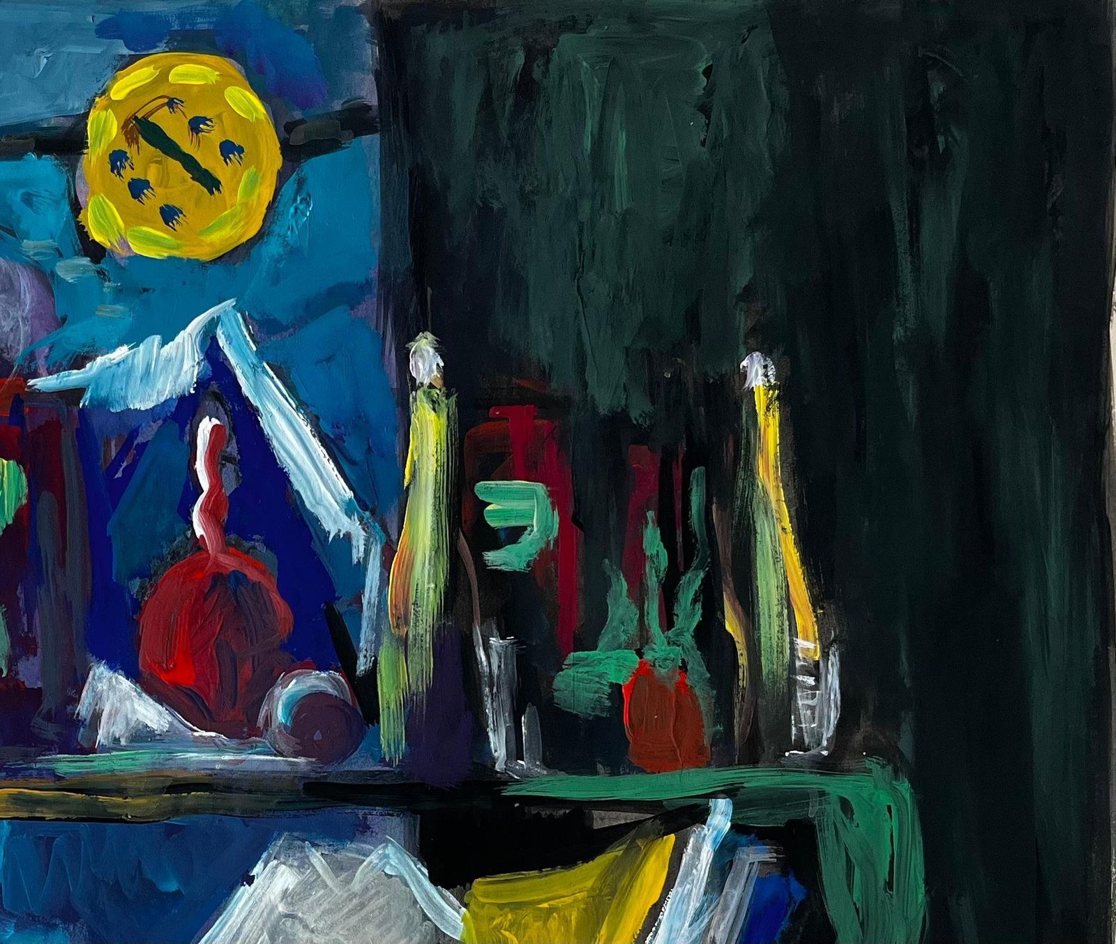 Guy Nicodstill Life With Books Bottles And Yellow Cloth French Modernist Gouache photo for sale