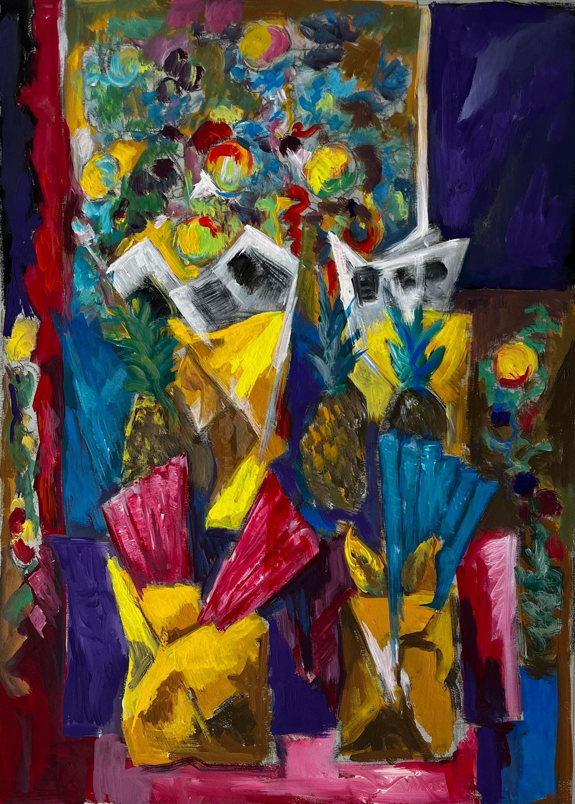Guy Nicodvibrant Floral And Pineapple Still Life French Modern Gouache Painting