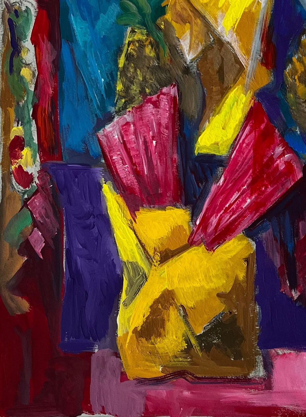 Guy Nicodvibrant Floral And Pineapple Still Life French Modern Gouache Painting photo vinterior