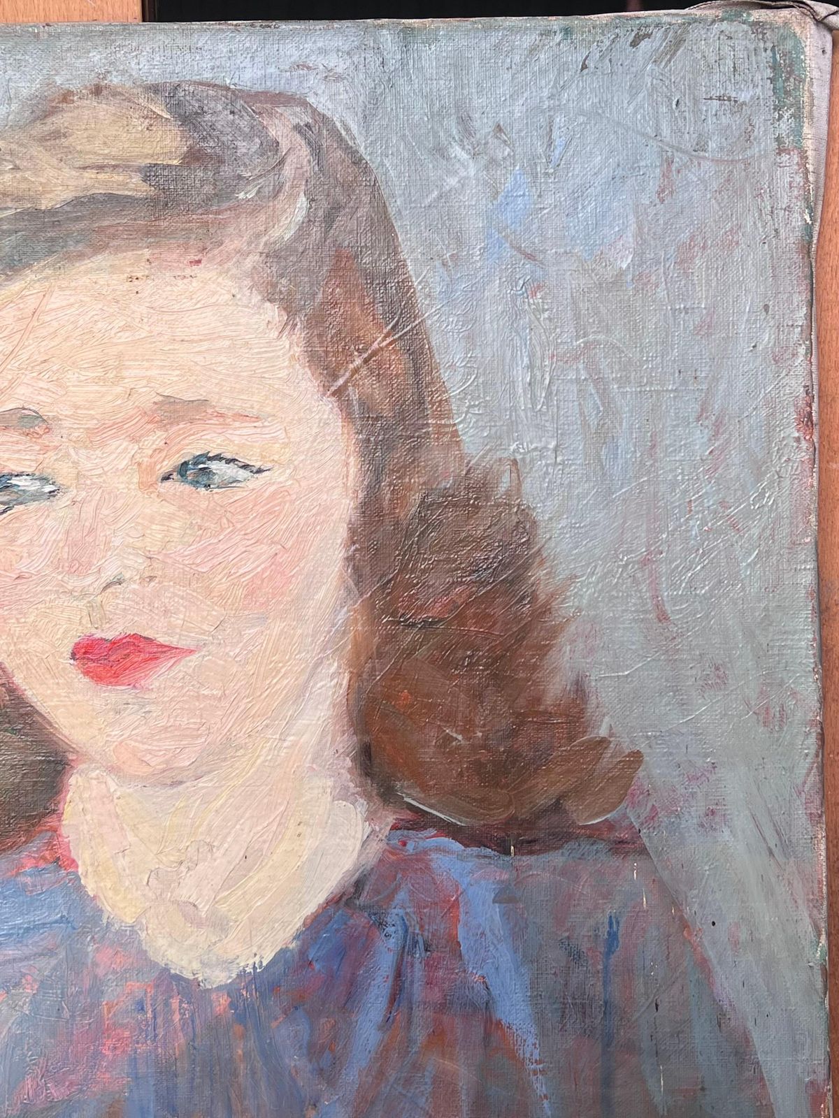 Suzanne Dinkesbrunette Lady With Red Lipstick In Blue Mid Century French Painting Portrait1950's photo furniture