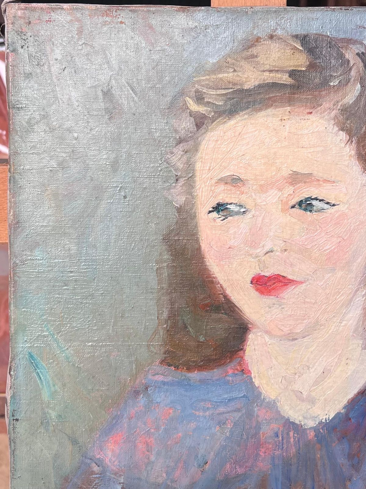 Suzanne Dinkesbrunette Lady With Red Lipstick In Blue Mid Century French Painting Portrait1950's photo Art