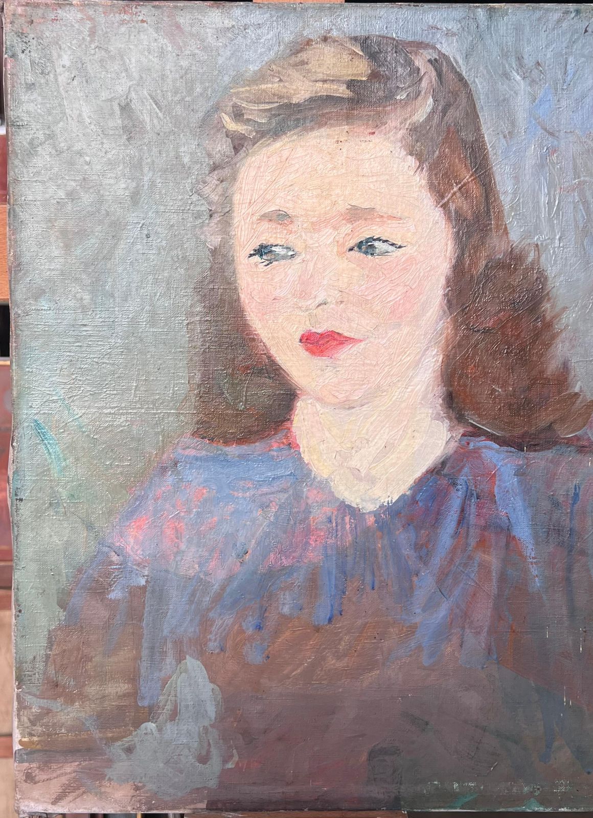 Suzanne Dinkesbrunette Lady With Red Lipstick In Blue Mid Century French Painting Portrait1950's photo 707.0