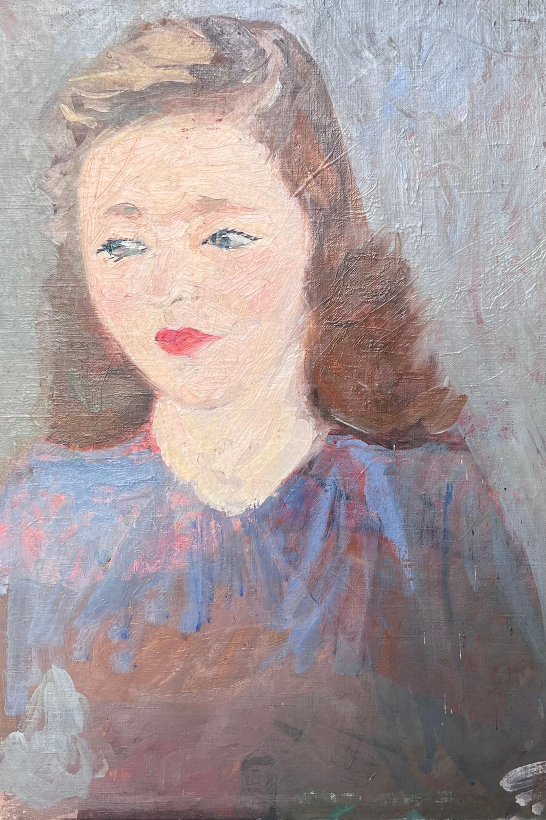 Suzanne Dinkesbrunette Lady With Red Lipstick In Blue Mid Century French Painting Portrait1950's photo vinterior