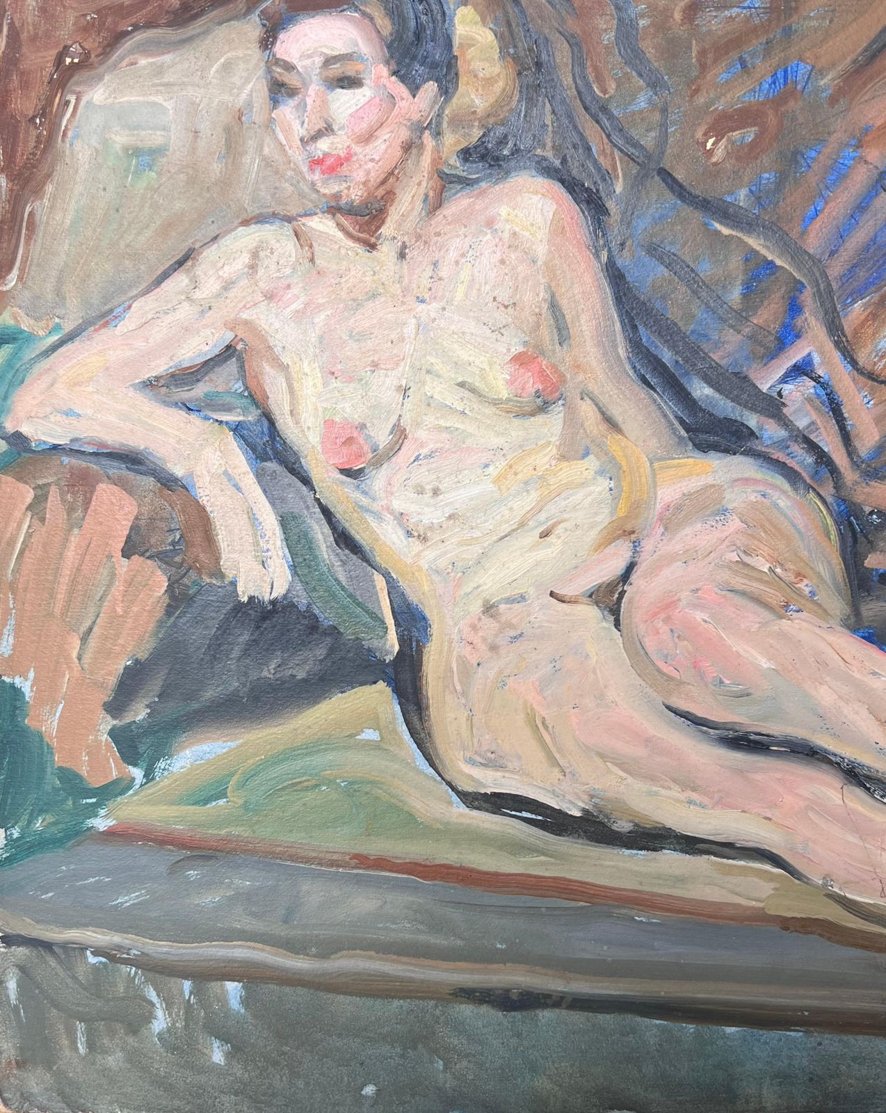 Suzanne Dinkesnude Portrait Of A Lady Posed Laying On The Sofa Mid Century French Painting1950's photo vinterior