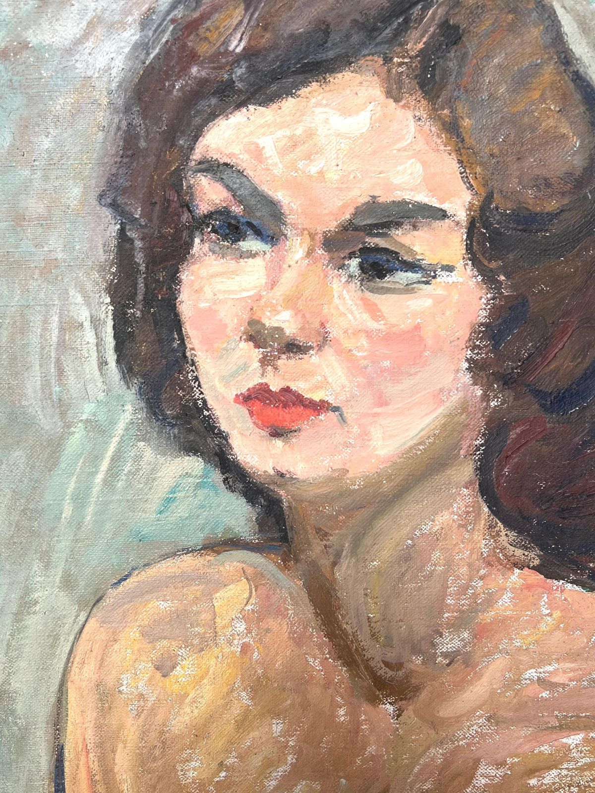 Suzanne Dinkesportrait Of A Brunette Nude Lady With Blue Eyeliner Mid Century French Painting1950's photo 725.0