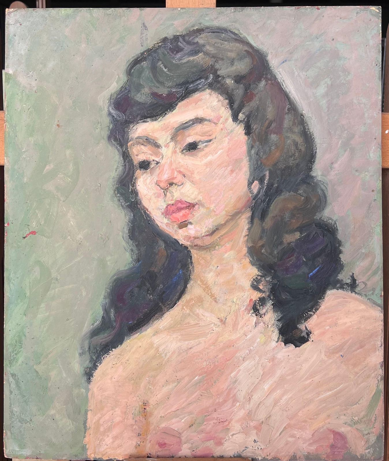 Suzanne Dinkesnude Portrait Of A Female With Black Hair Mid Century French Painting1950's photo furniture