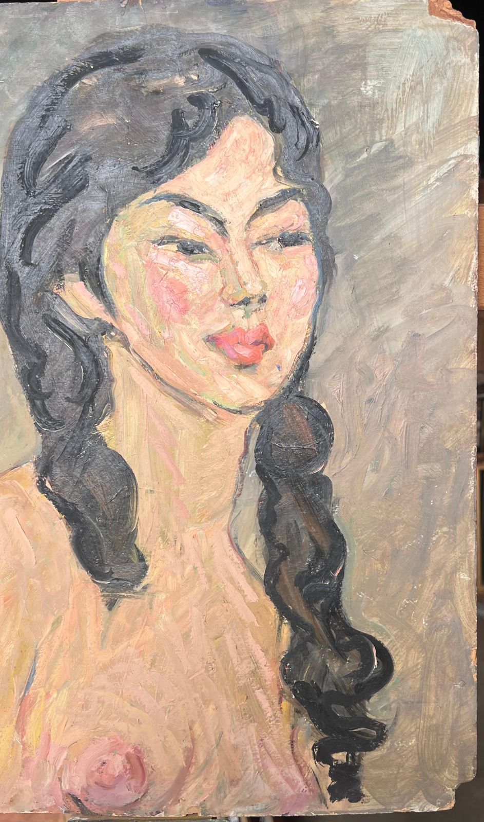 Suzanne Dinkesnude Portrait Of A Female With Black Curly Hair Mid Century French Painting1950's photo vinterior