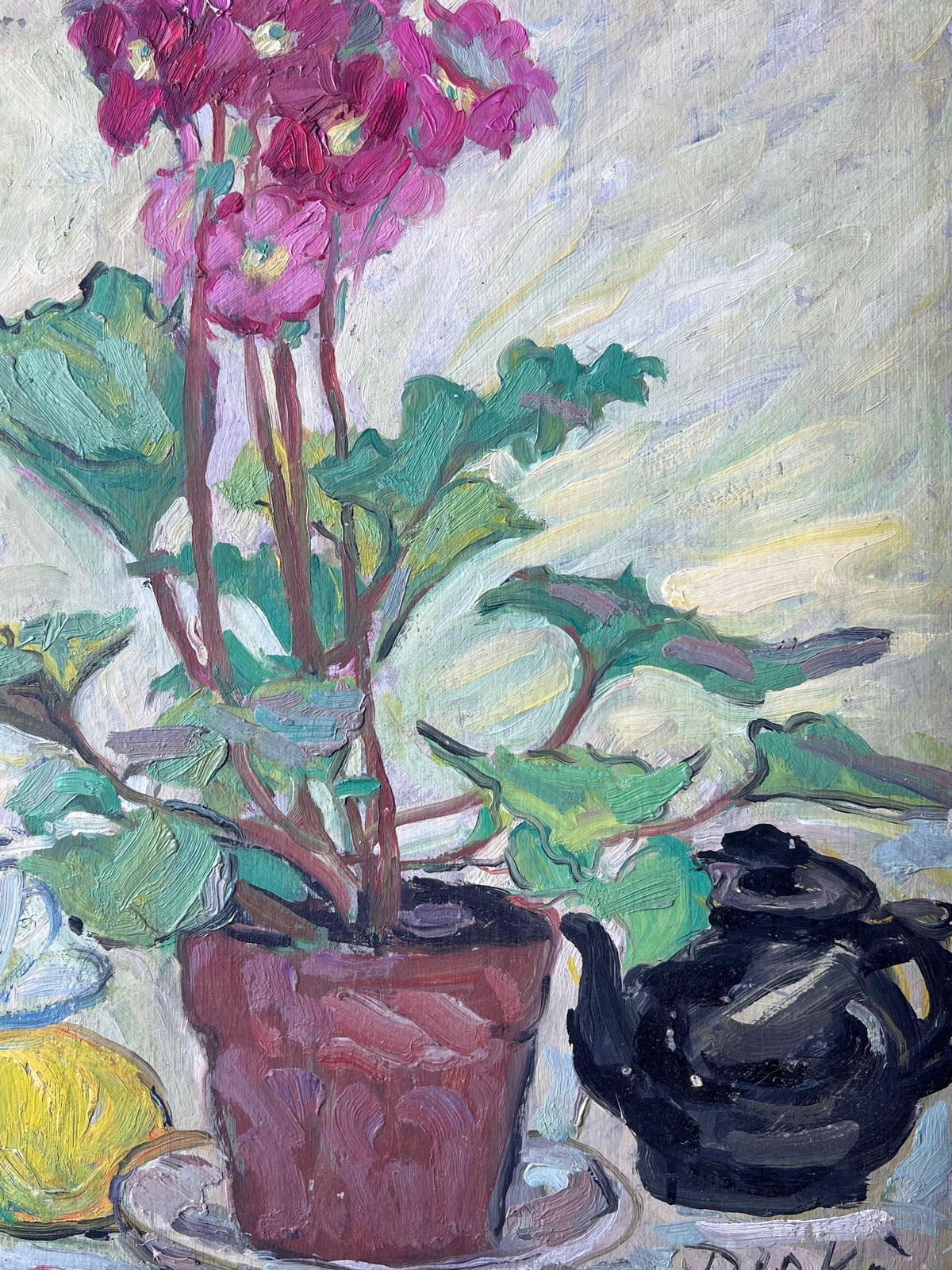 Suzanne Dinkespink Flowers In Plant Pot Kitchen Interior Mid Century French Painting1950's photo Art