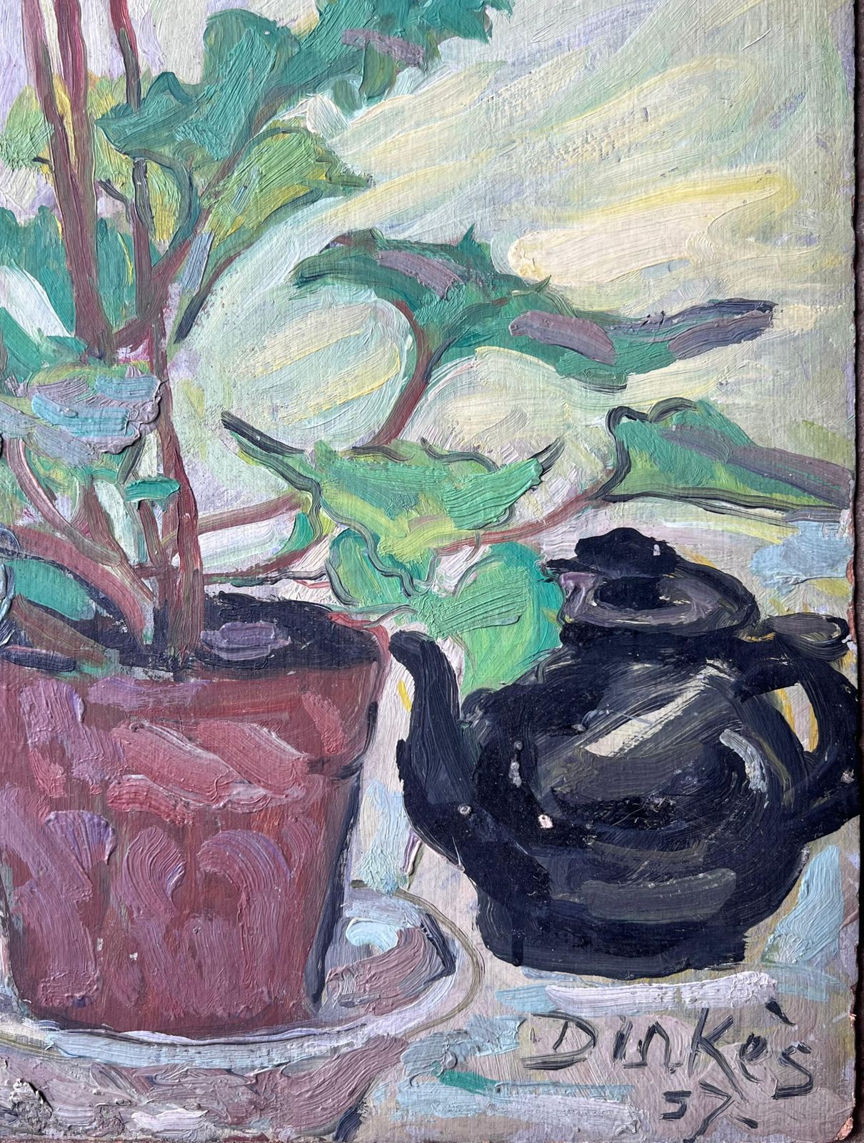 Suzanne Dinkespink Flowers In Plant Pot Kitchen Interior Mid Century French Painting1950's photo 505.0