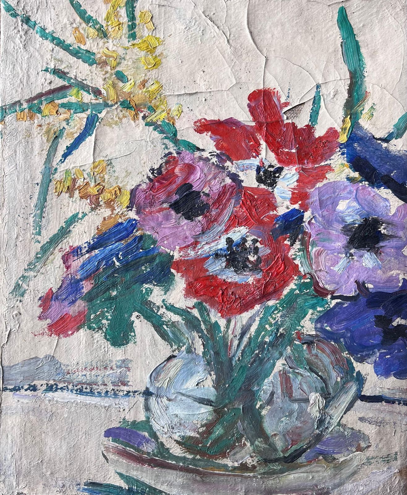 Suzanne Dinkesred And Purple Anemones In Glass Vase Mid Century Impressionist French Painting1950's