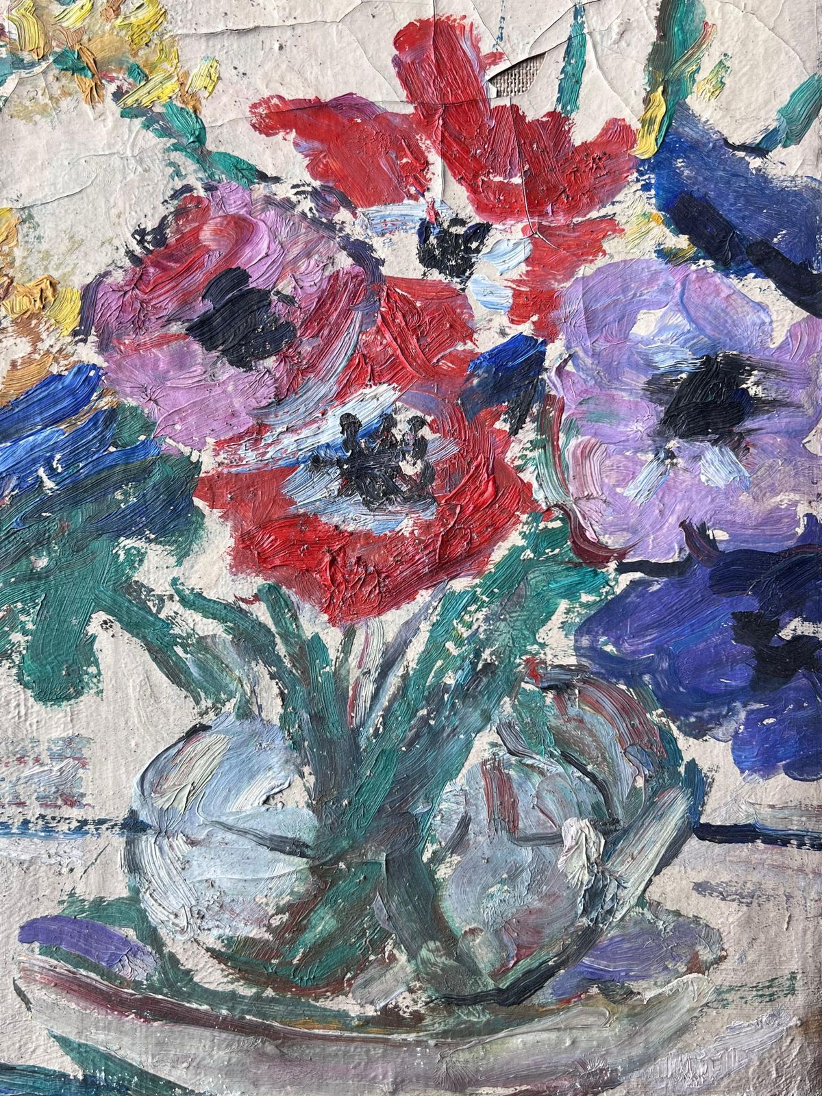Suzanne Dinkesred And Purple Anemones In Glass Vase Mid Century Impressionist French Painting1950's photo 403.0