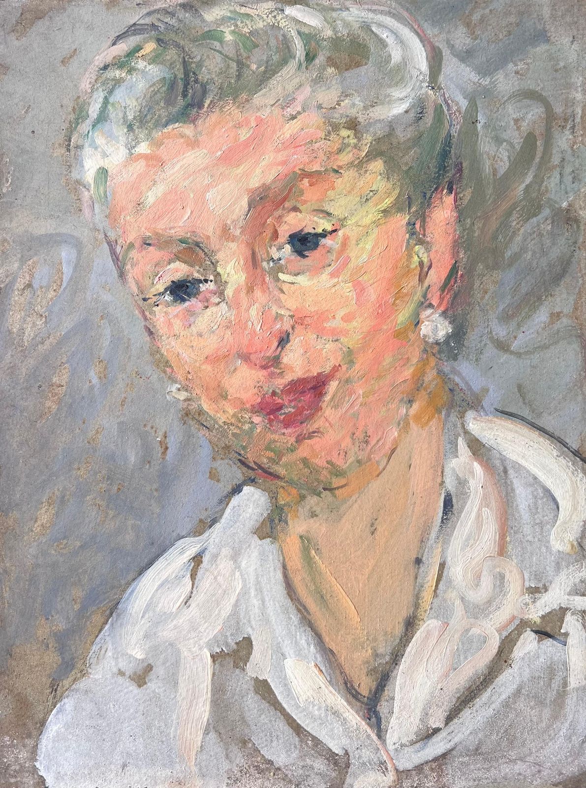 Suzanne Dinkesmid Century French Painting Of A Chic Grey Haired Lady With Pearl Earrings1950's