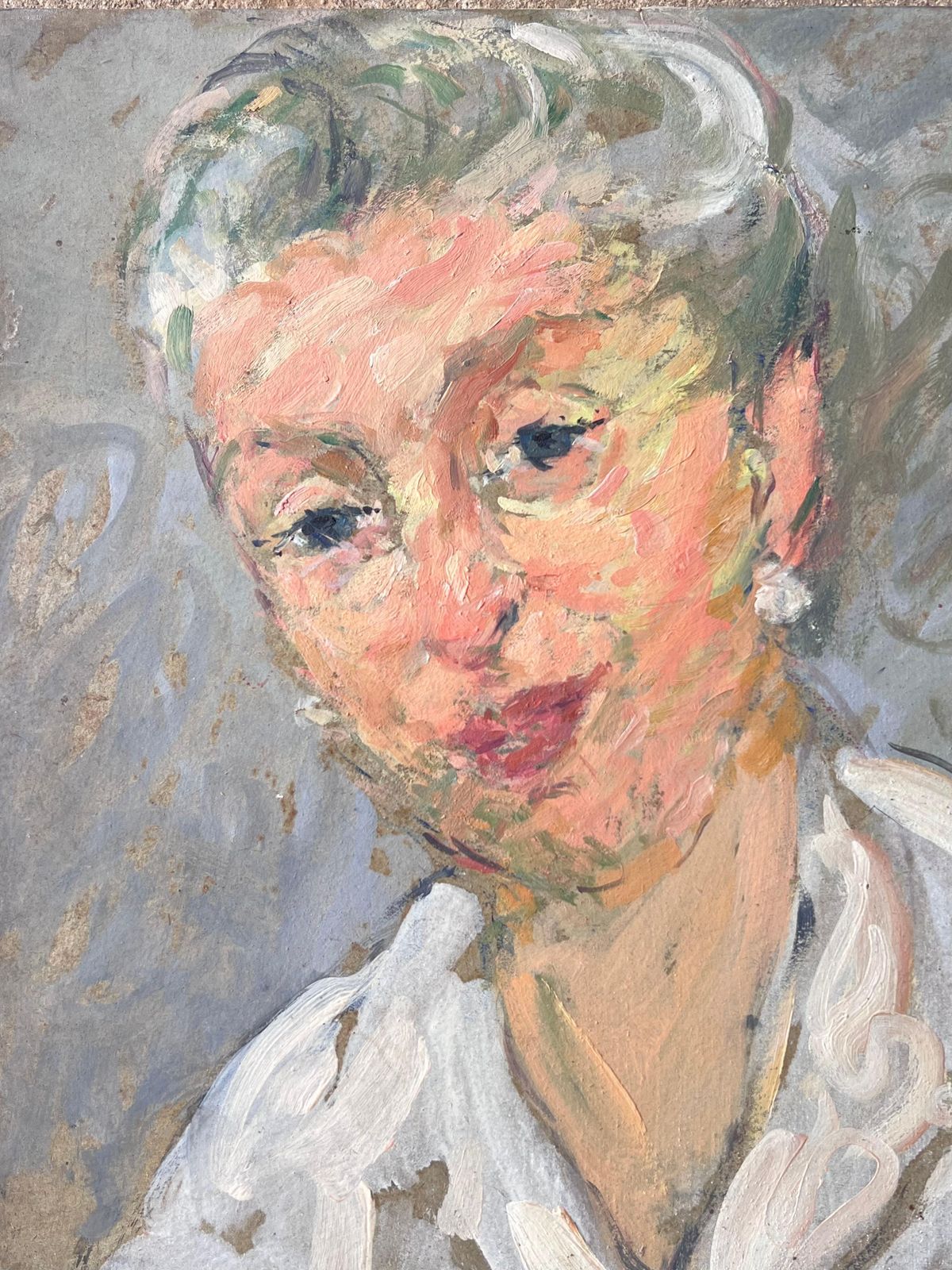 Suzanne Dinkesmid Century French Painting Of A Chic Grey Haired Lady With Pearl Earrings1950's photo for sale