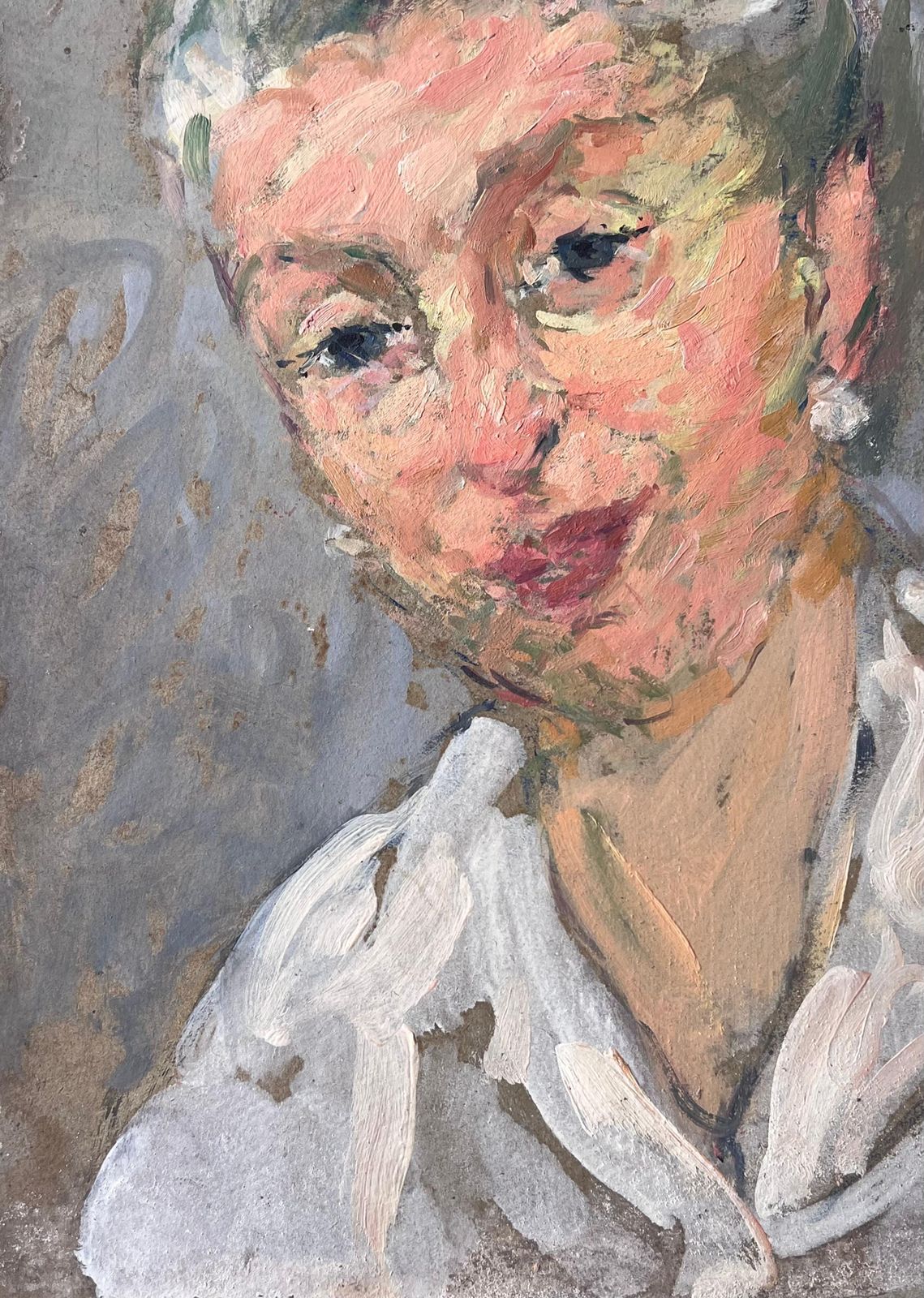 Suzanne Dinkesmid Century French Painting Of A Chic Grey Haired Lady With Pearl Earrings1950's photo Art