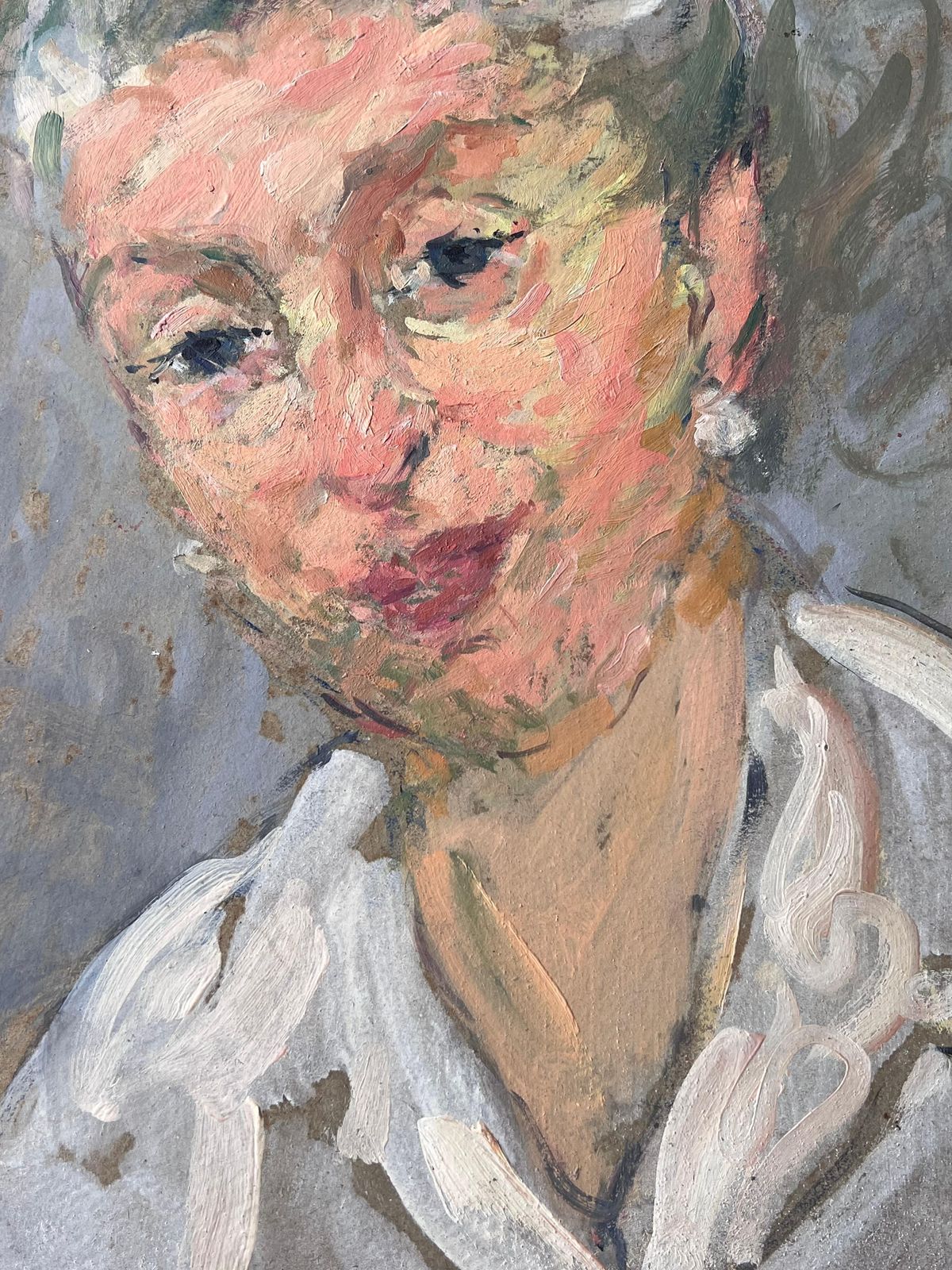 Suzanne Dinkesmid Century French Painting Of A Chic Grey Haired Lady With Pearl Earrings1950's photo vintage