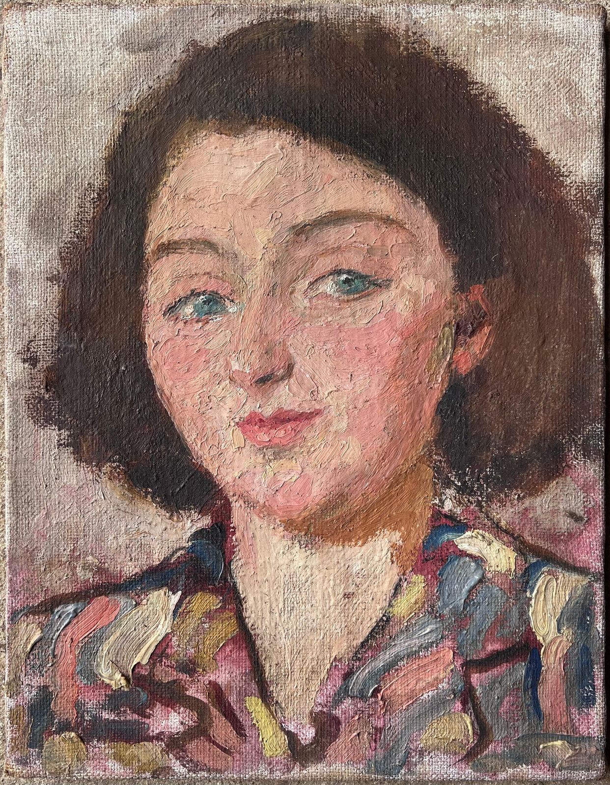 Suzanne Dinkesmid Century French Impressionist Painting Green Eyed Chic Brunette Portrait1950's photo furniture
