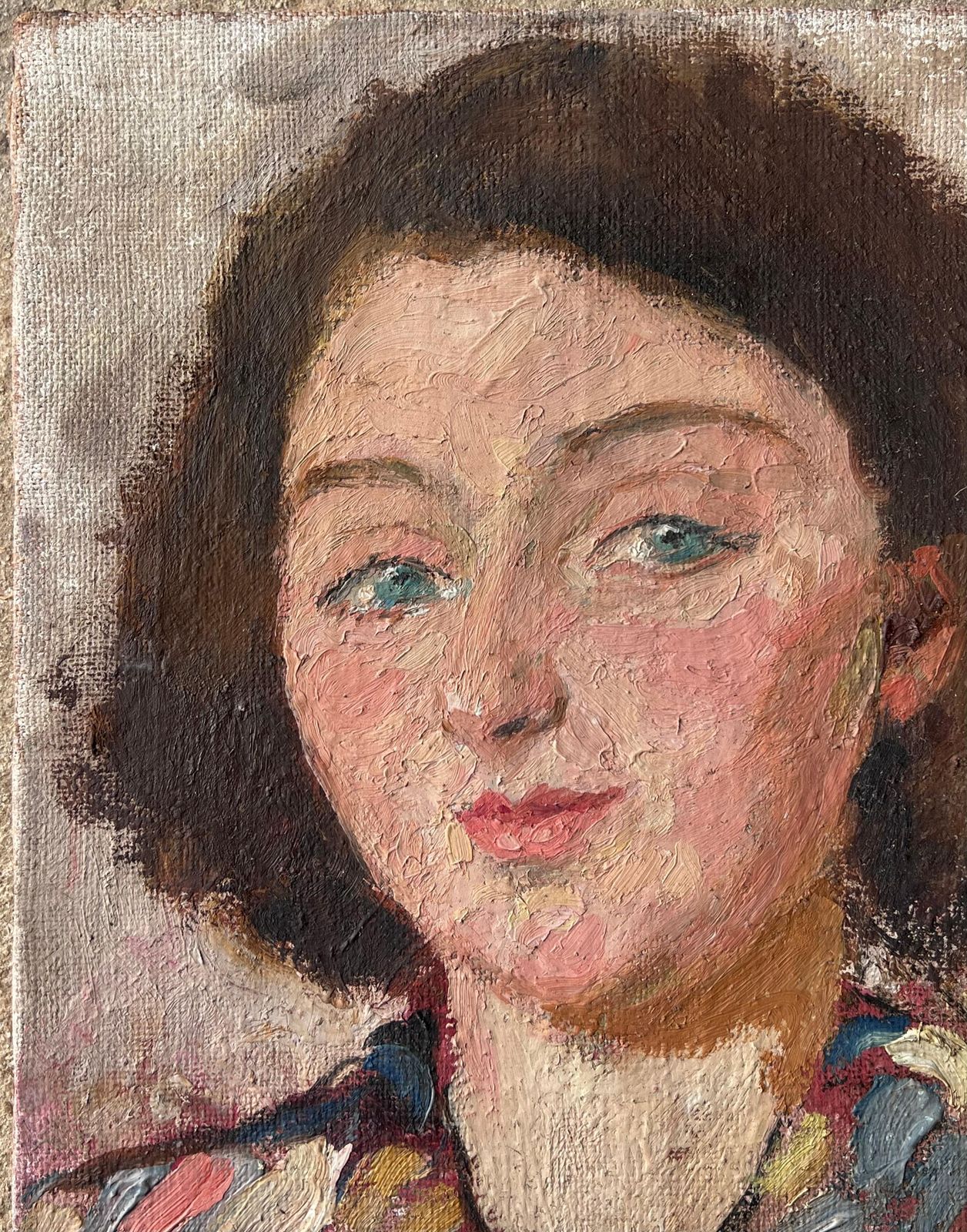 Suzanne Dinkesmid Century French Impressionist Painting Green Eyed Chic Brunette Portrait1950's photo 750.0