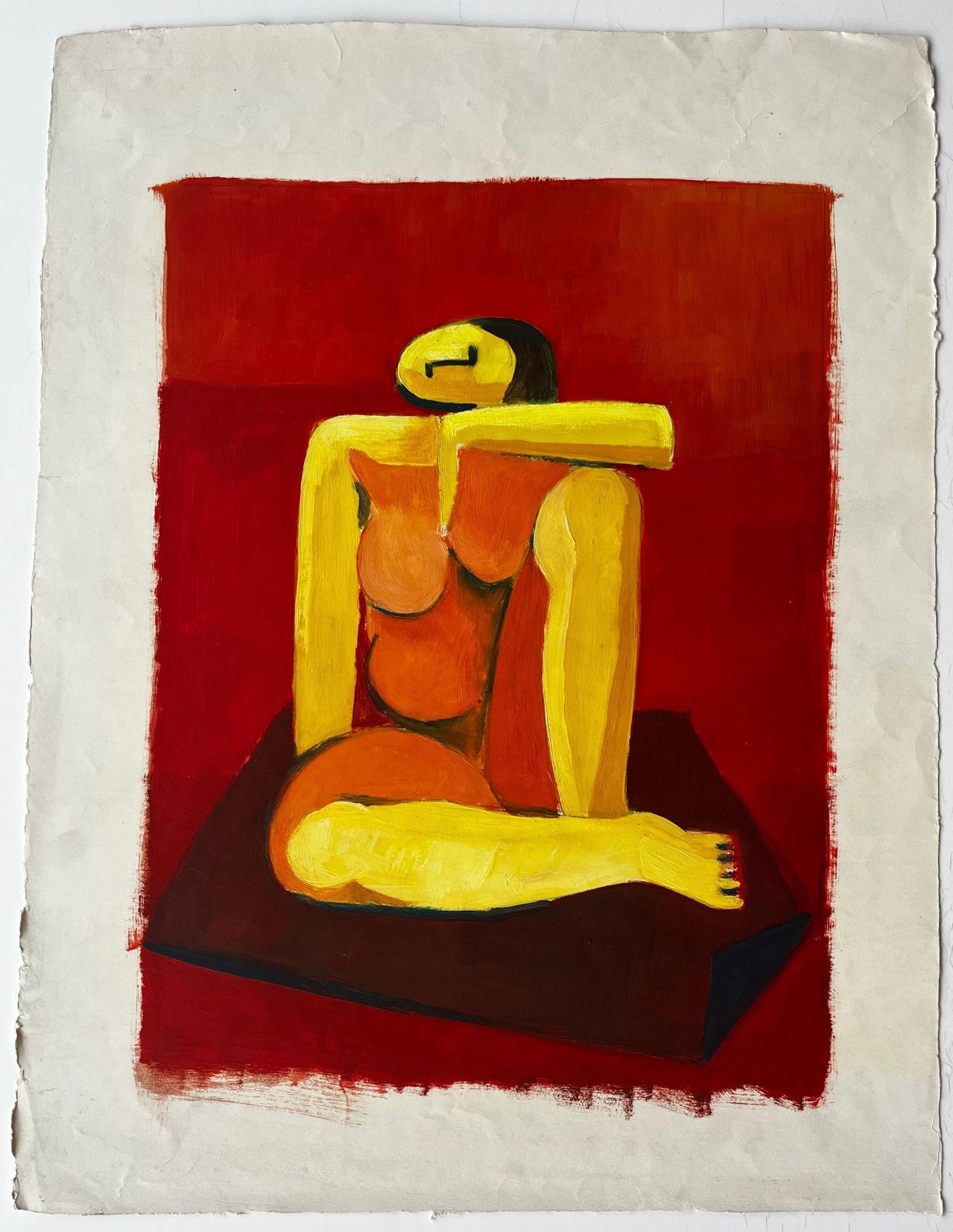 Guy Nicodabstract Seated Nude With Red Background French Modern Figurative Gouache photo for sale