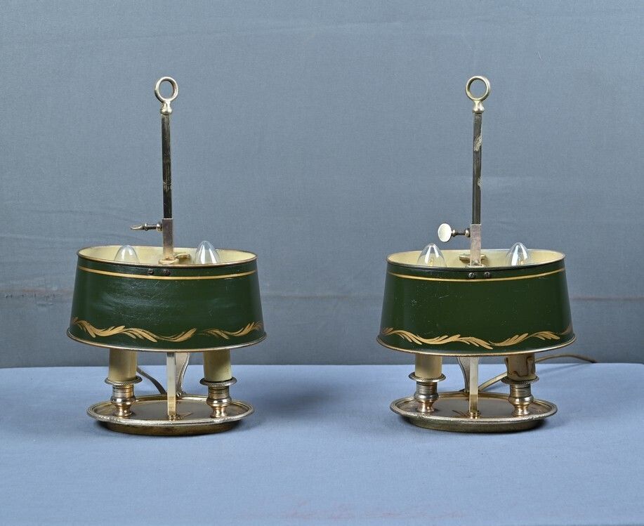 Pair Of Brass Bouillotte Lamps Empire Style  Early 20th Century photo vintage