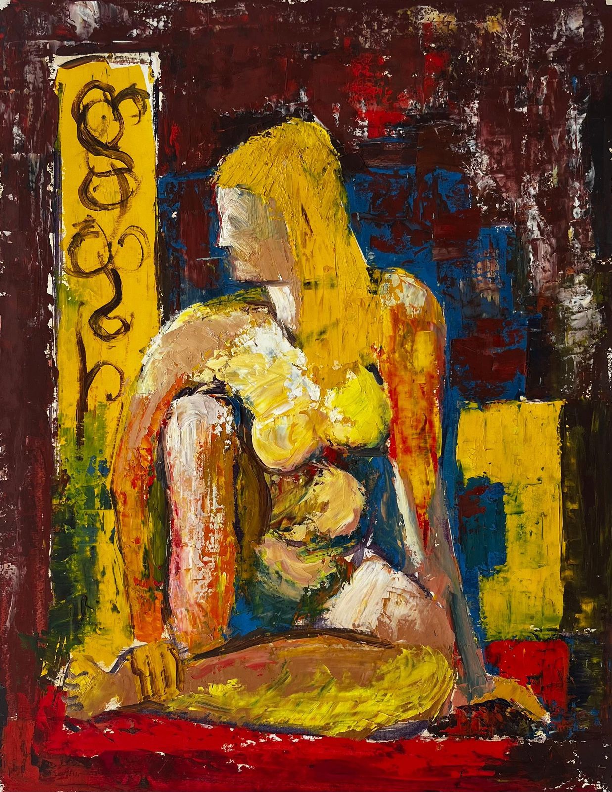 Guy Nicodseated Nude Woman Modernist Study French Gouache Painting In Bold Primary Colour