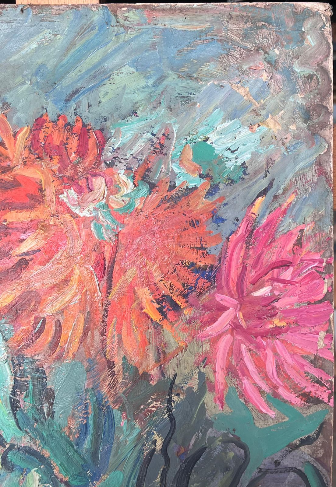 Suzanne Dinkesorange And Pink Dahlias Still Life Mid Century French Impressionist Oil photo for sale