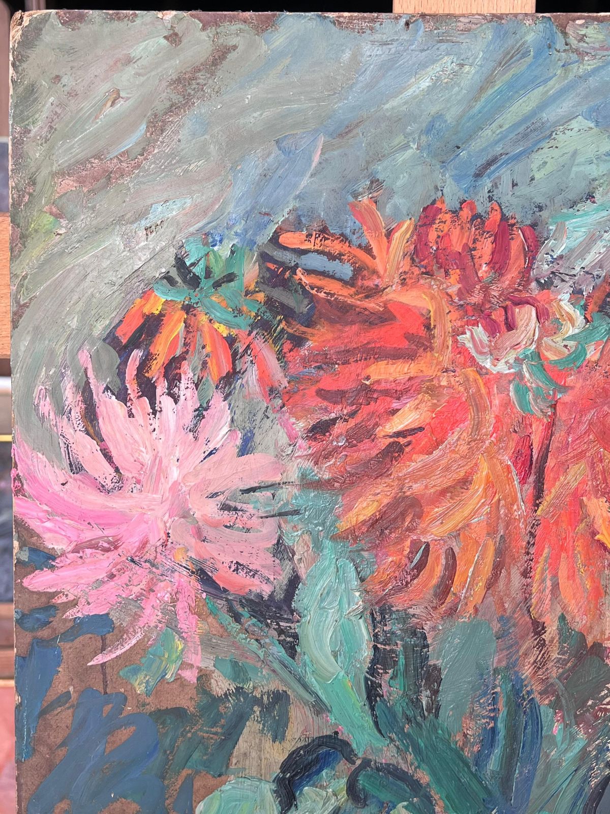 Suzanne Dinkesorange And Pink Dahlias Still Life Mid Century French Impressionist Oil photo Art