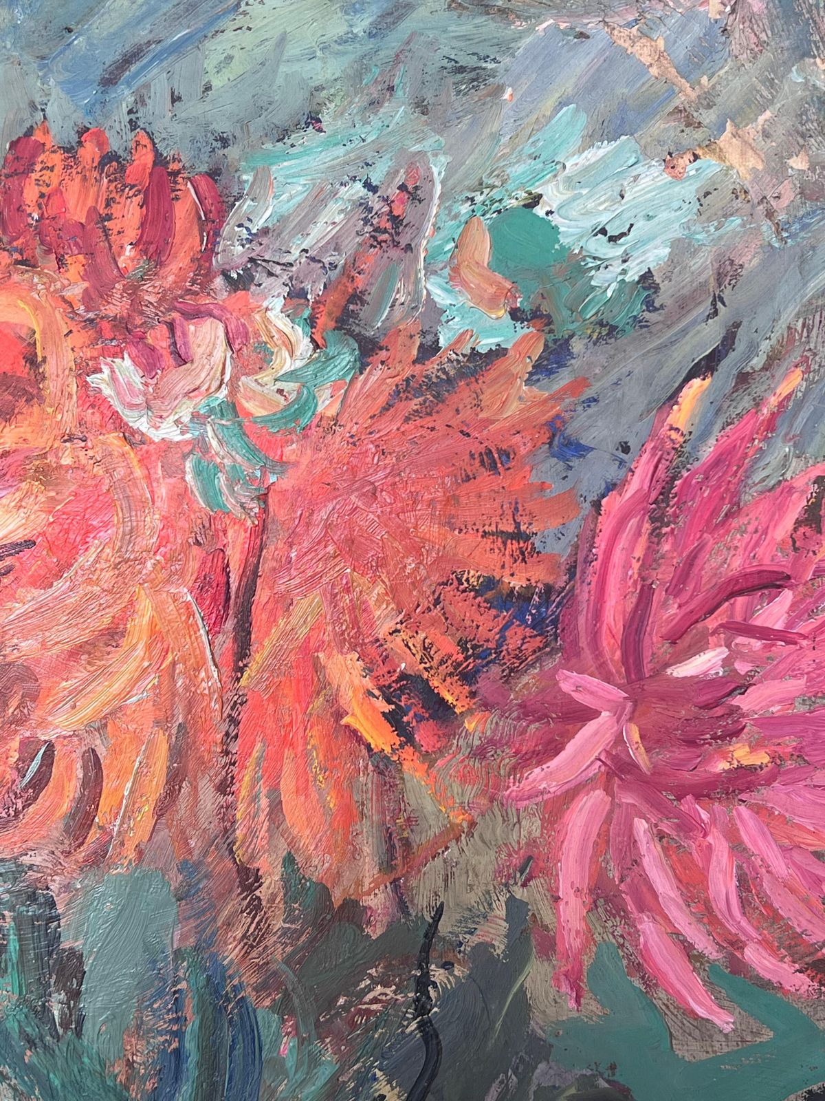 Suzanne Dinkesorange And Pink Dahlias Still Life Mid Century French Impressionist Oil photo 427.0