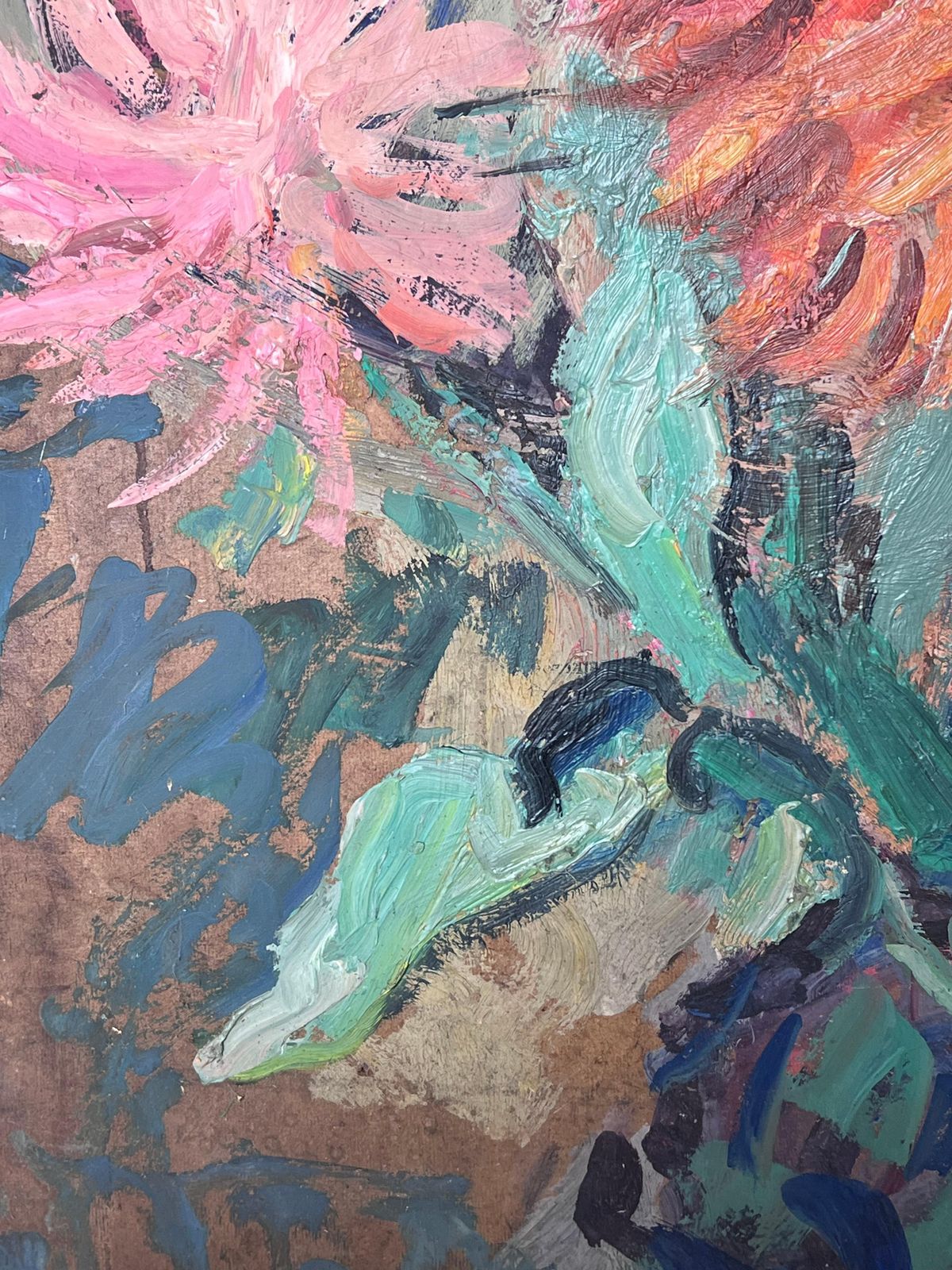 Suzanne Dinkesorange And Pink Dahlias Still Life Mid Century French Impressionist Oil photo vinterior