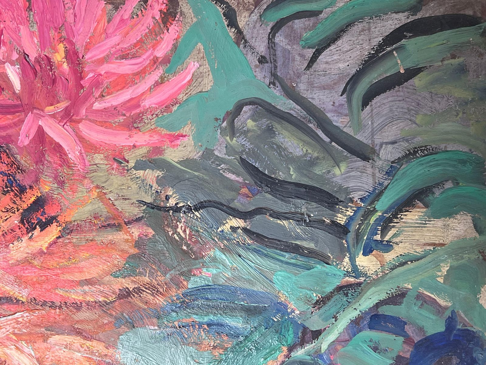 Suzanne Dinkesorange And Pink Dahlias Still Life Mid Century French Impressionist Oil photo buy