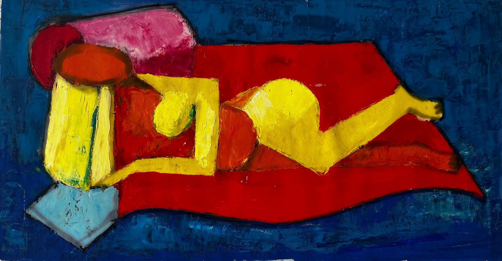 Guy Nicodreclining Nude On Red And Blue Modern Abstract French Oil Painting