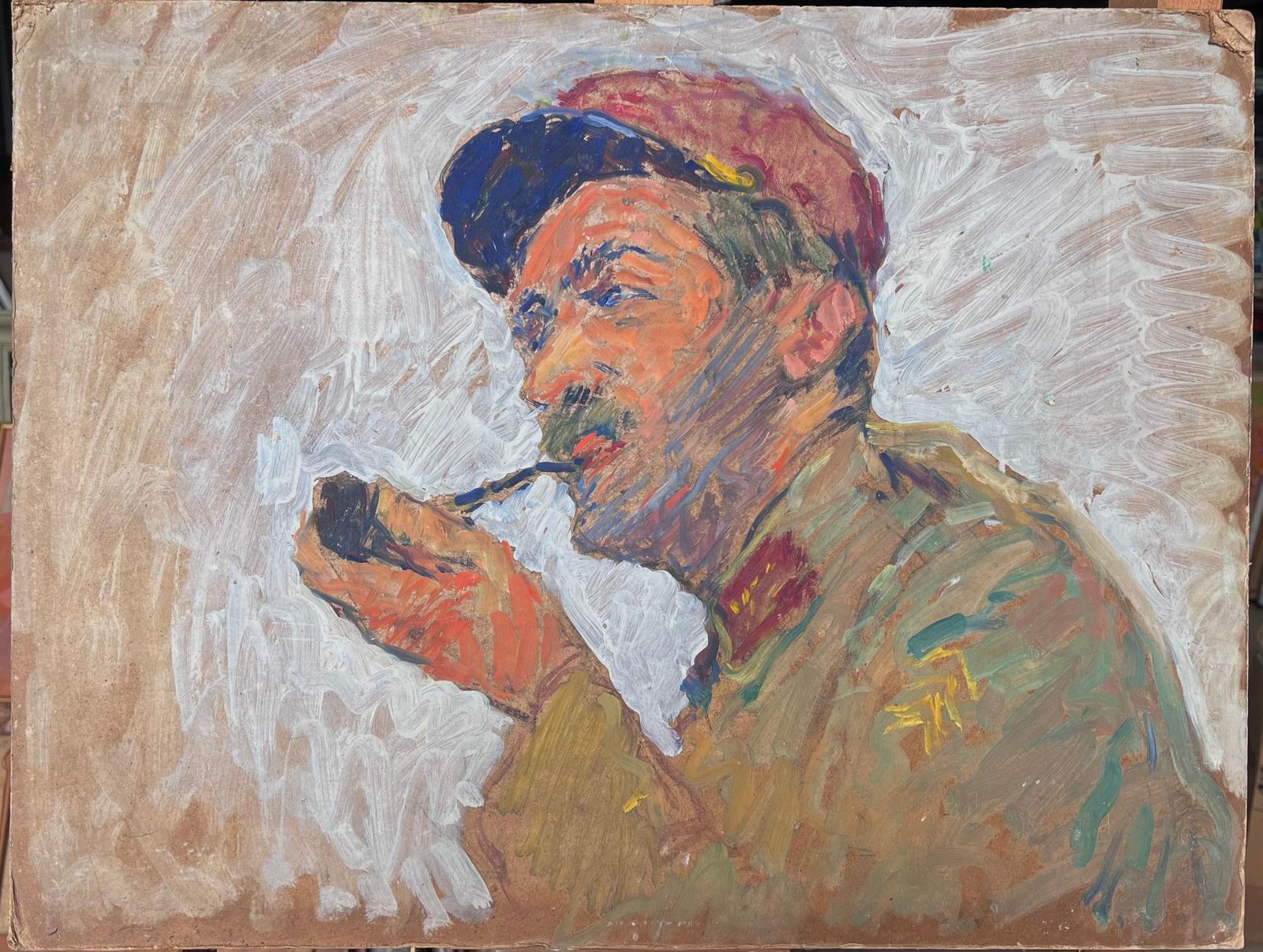 Suzanne Dinkesportrait Of The Artist & His Pipe Mid Century French Impressionist Painting1950's photo furniture
