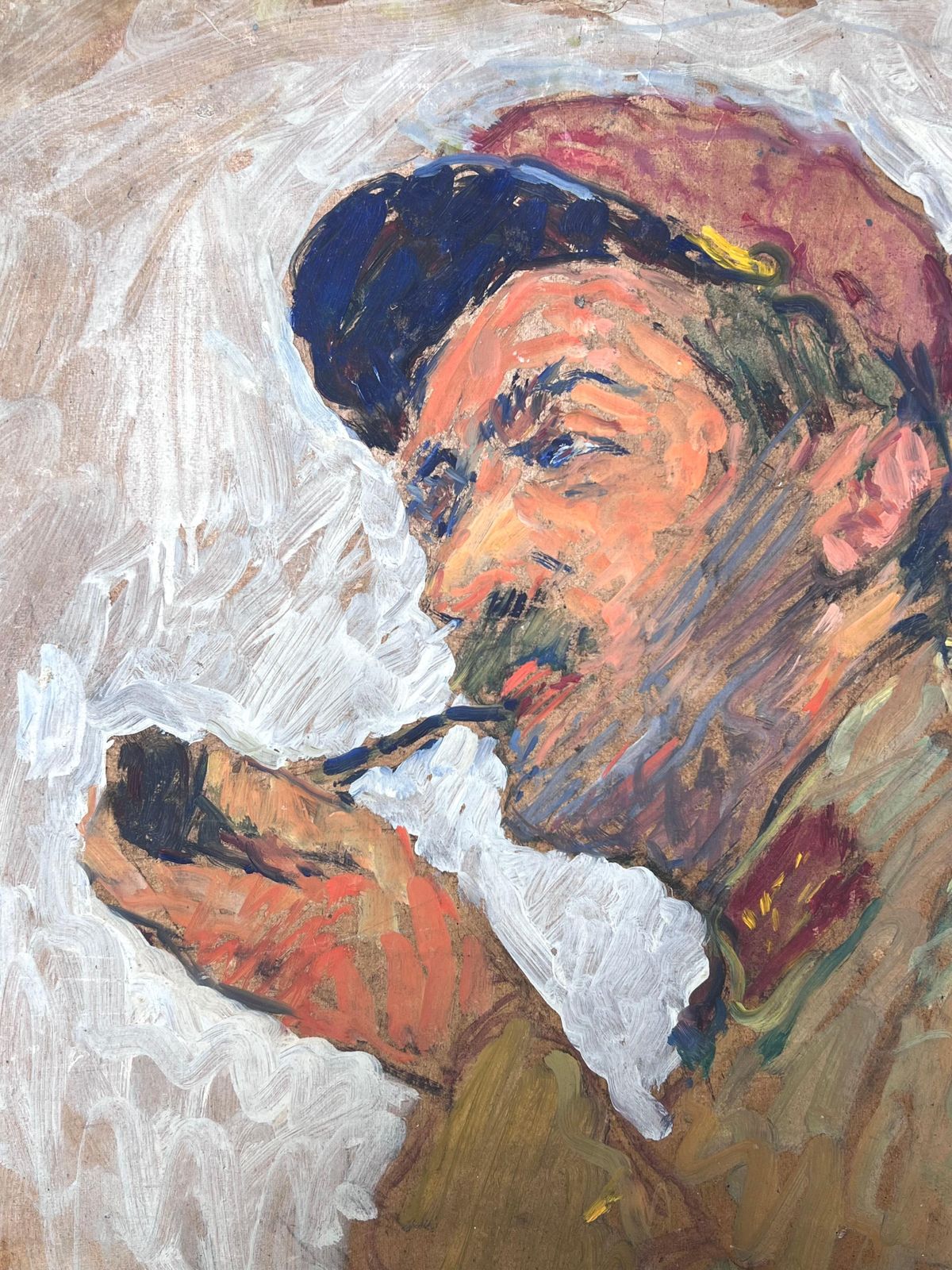 Suzanne Dinkesportrait Of The Artist & His Pipe Mid Century French Impressionist Painting1950's photo for sale