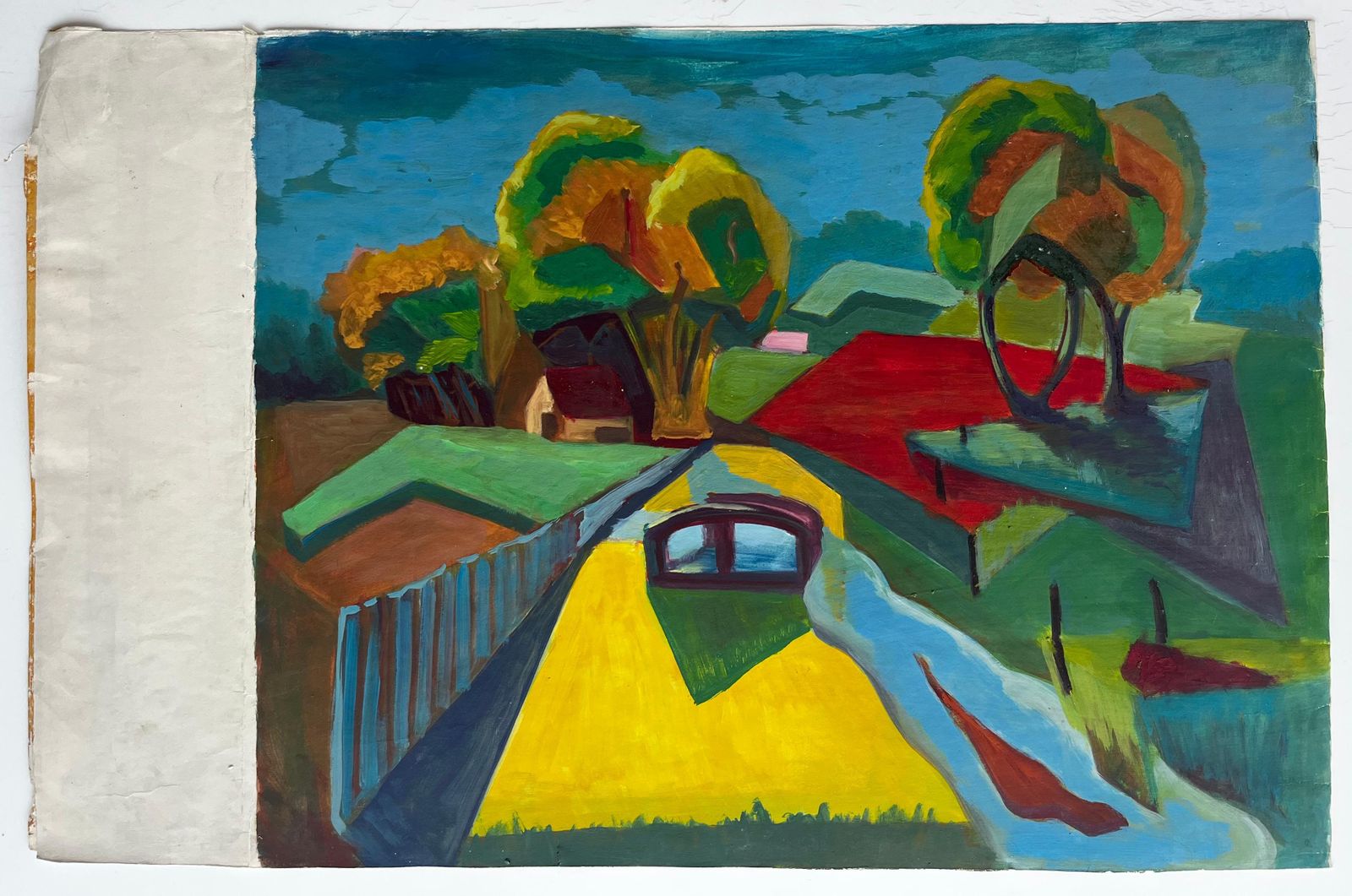 Guy Nicodcolourful Countryside Road With Bridge French Modern Landscape Gouache photo furniture