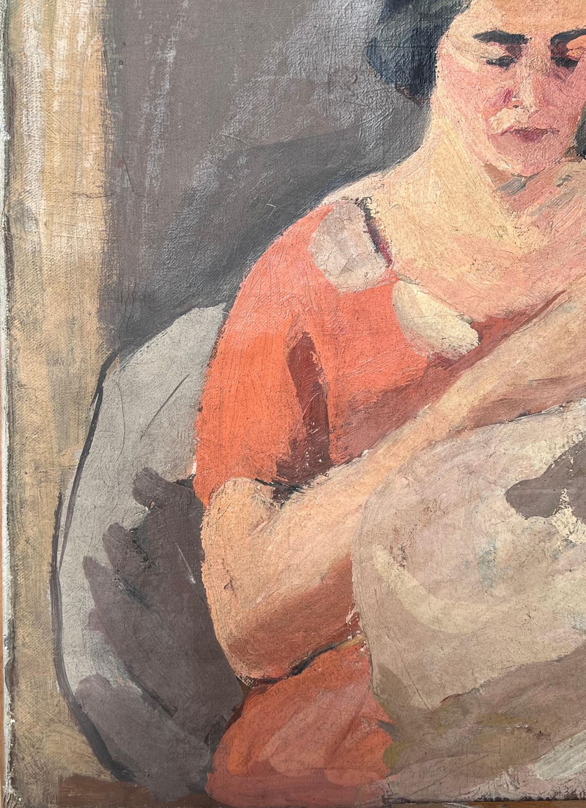 Suzanne Dinkeslady In Red Knitting A White Blanket Mid Century French Impressionist Painting1950's photo vinterior