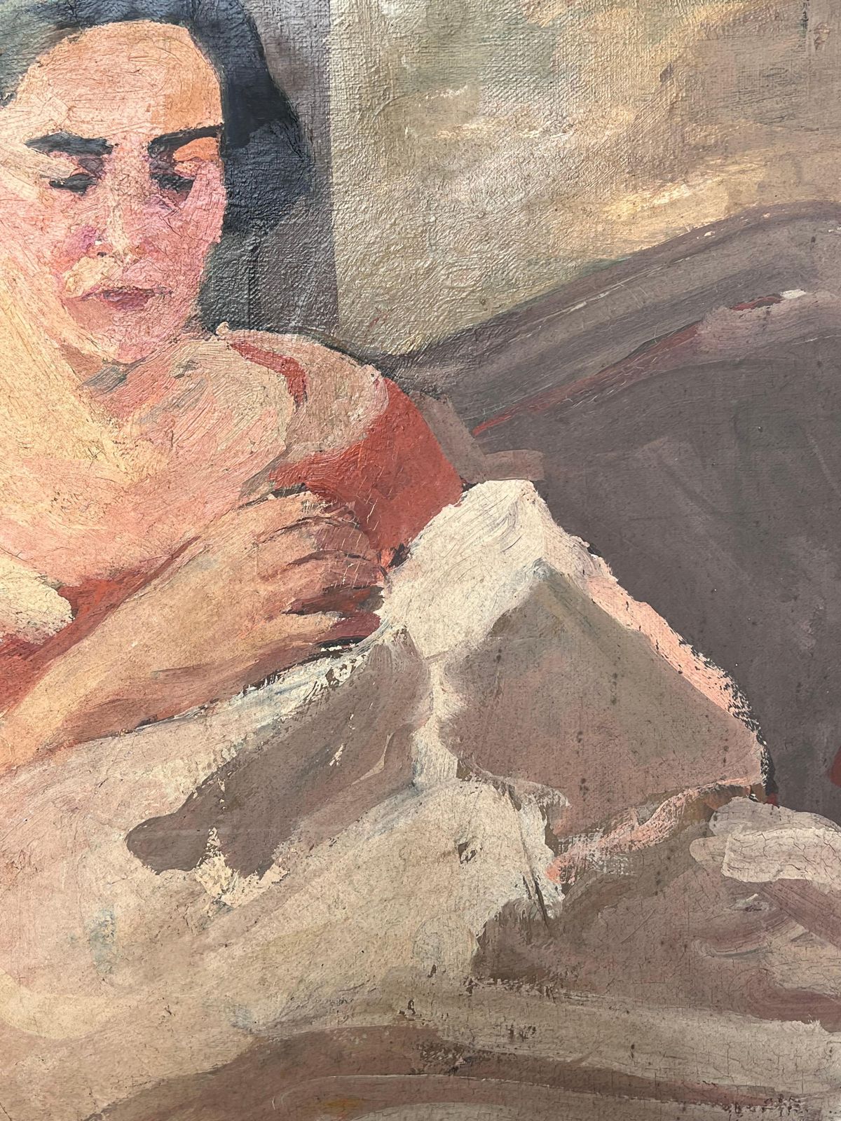 Suzanne Dinkeslady In Red Knitting A White Blanket Mid Century French Impressionist Painting1950's photo vintage
